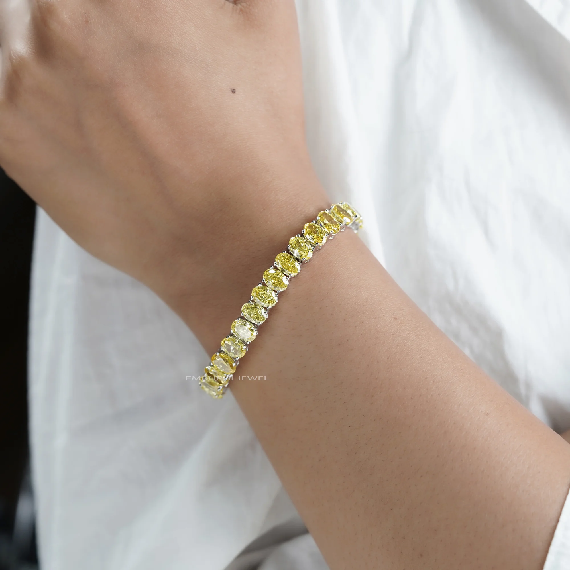 Yellow Oval Lab Grown Diamond Tennis Bracelet, Oval Cut Solitaire Tennis Bracelet in Gold — view 7