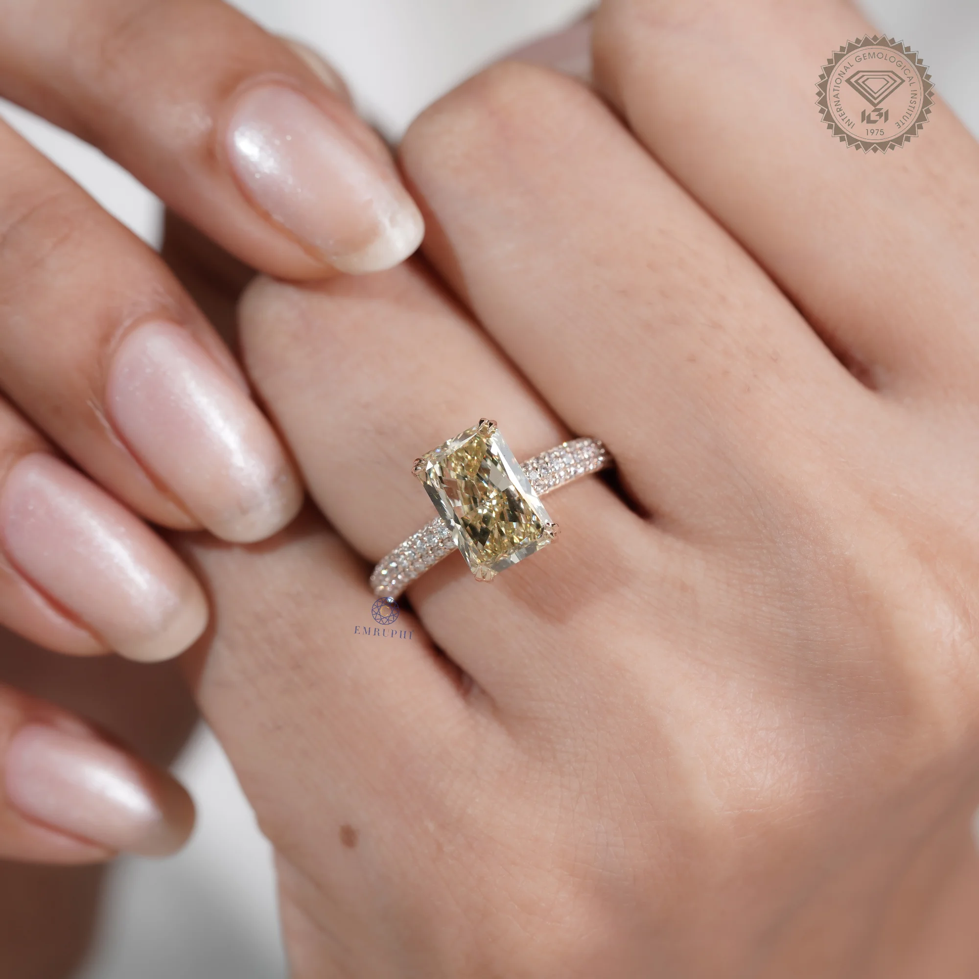 3 CT Radiant Cut Yellow Lab Grown Diamond Ring, Fancy Yellow Engagement Ring, Pave Band Diamond Ring — view 11