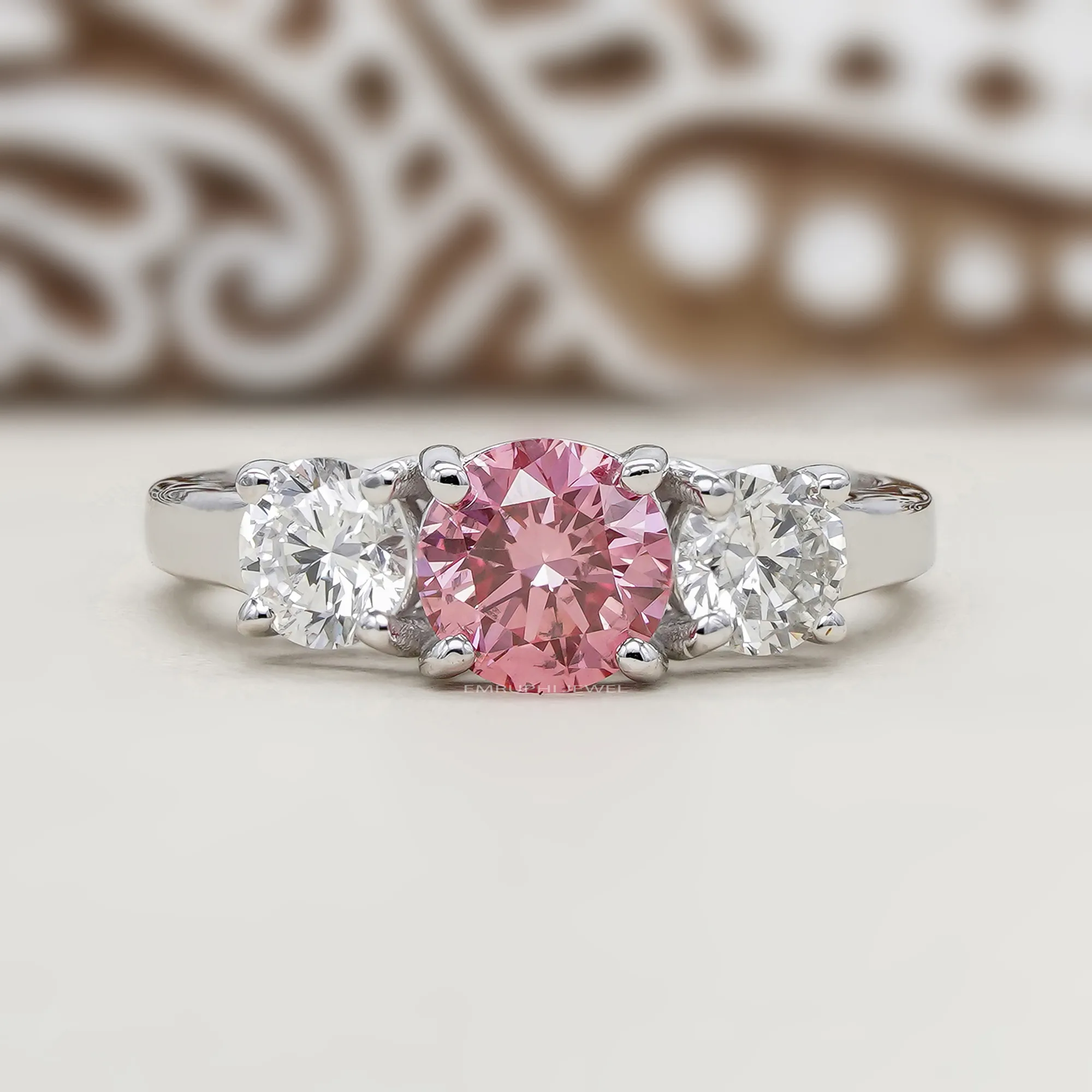 Pink Lab Grown Diamond Engagement Ring, 14K White Gold Three-Stone Wedding Ring — view 2