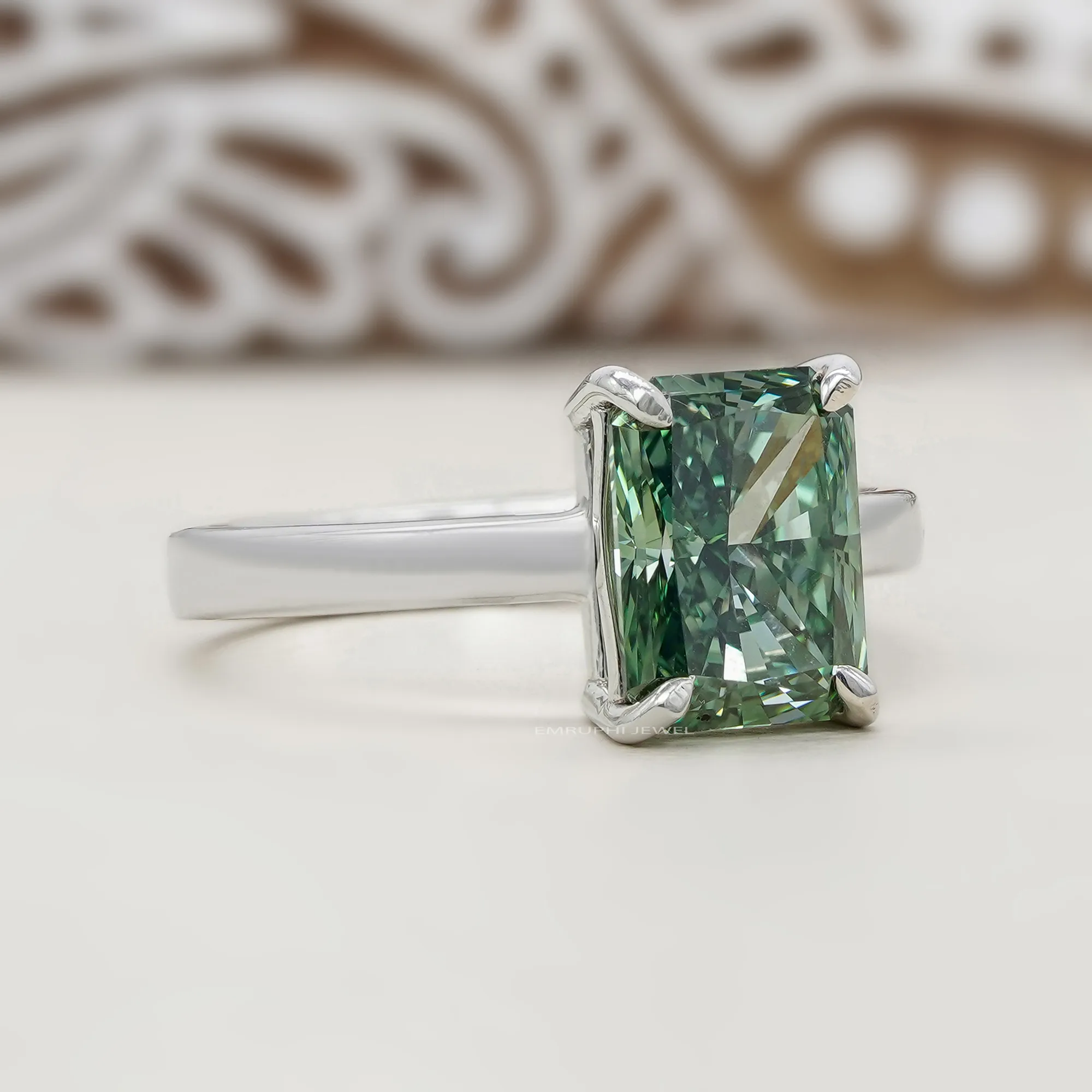 3 CT Green Radiant Cut Lab Diamond Solitaire Ring, VVS Clarity — view 2