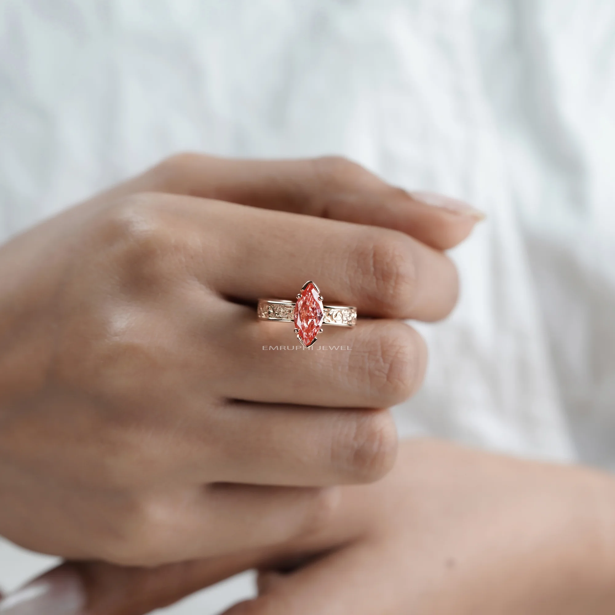 14K Gold Marquise Pink Lab Diamond Ring, 2.00 CT Vintage Engagement Ring, IGI Certified — view 5