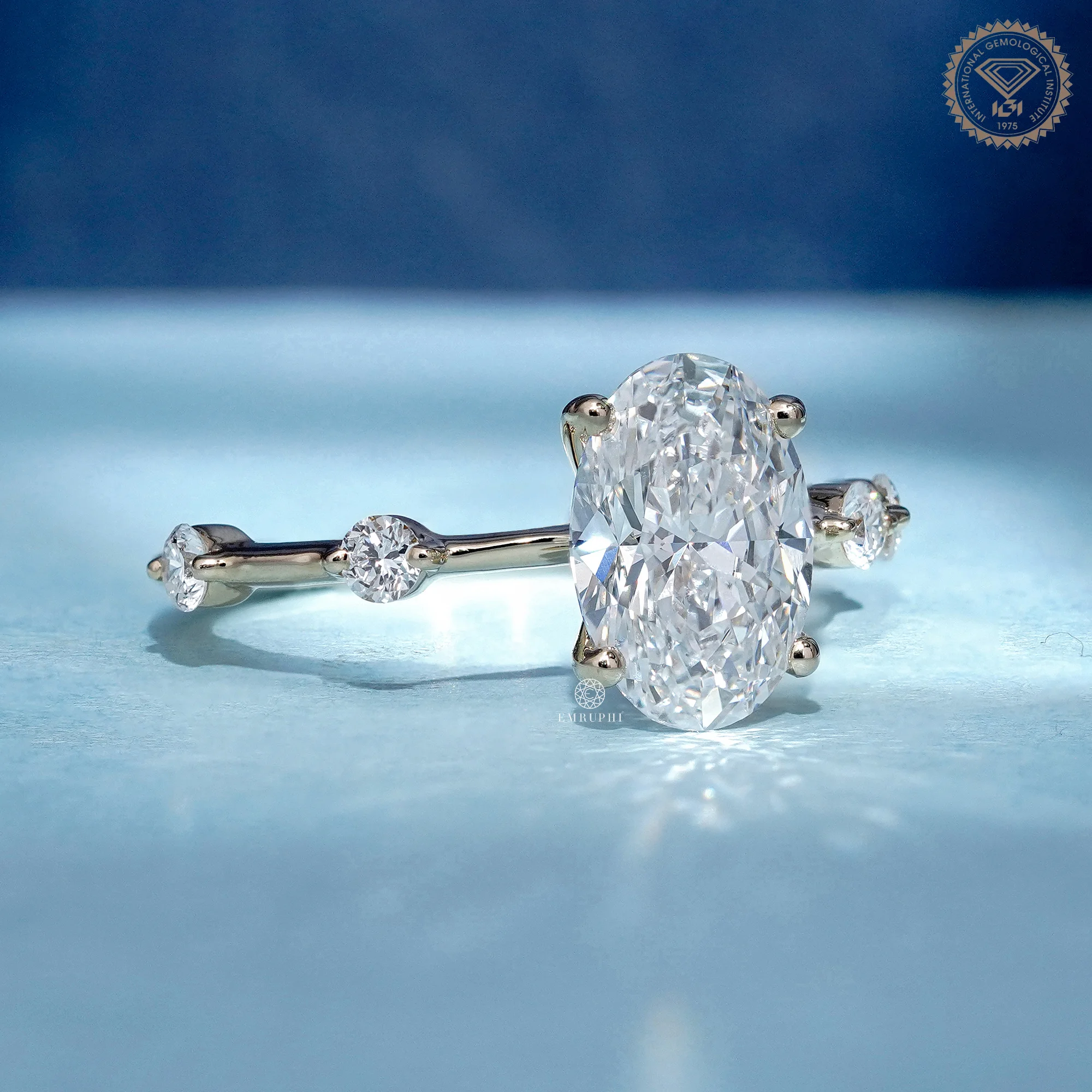 Oval Cut Lab Grown Diamond Engagement Ring, Distance Band Oval Ring, Floating Diamond Shank — view 3