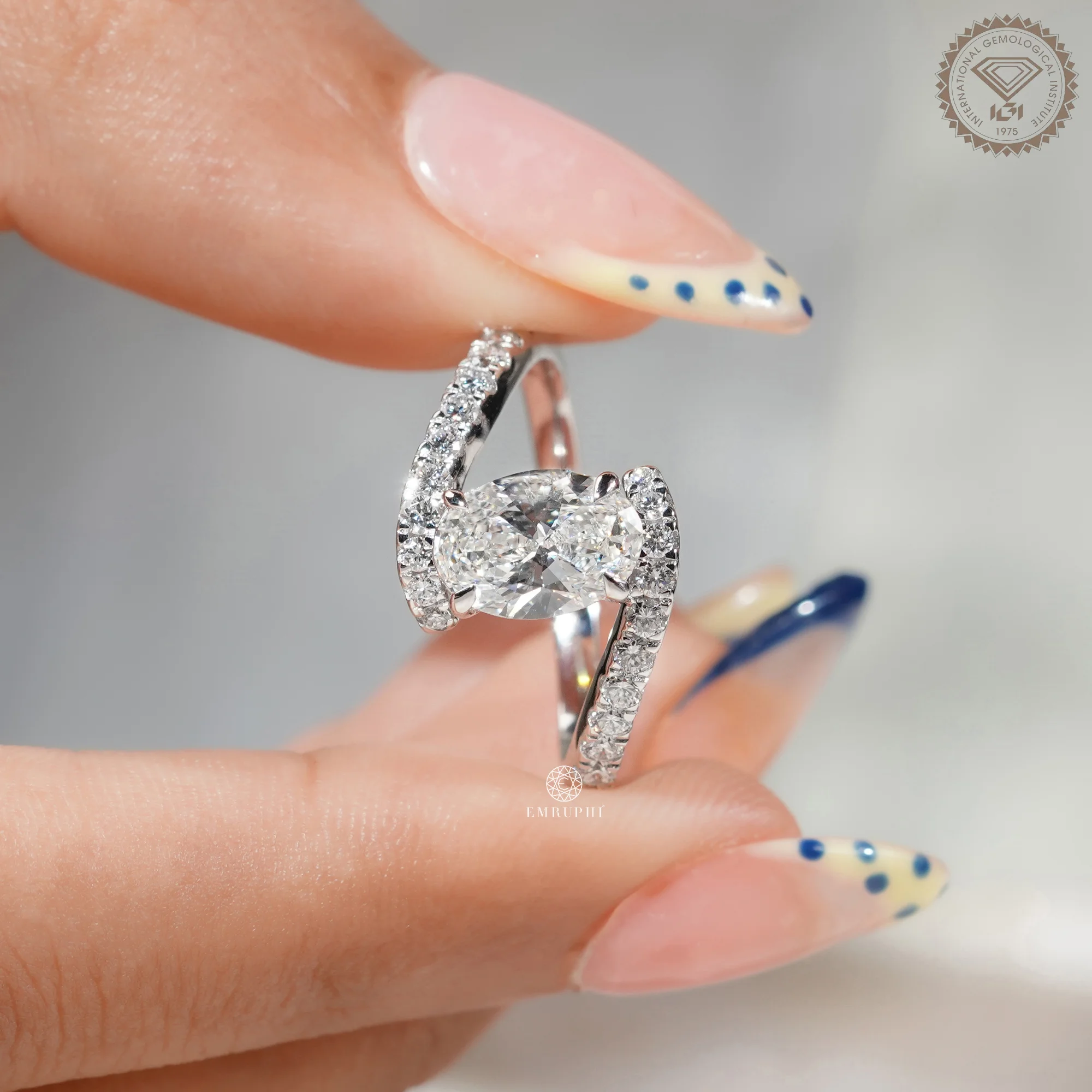 Oval Lab Grown Diamond Engagement Ring, Curved Diamond Band, Double Band Solitaire Ring — view 7