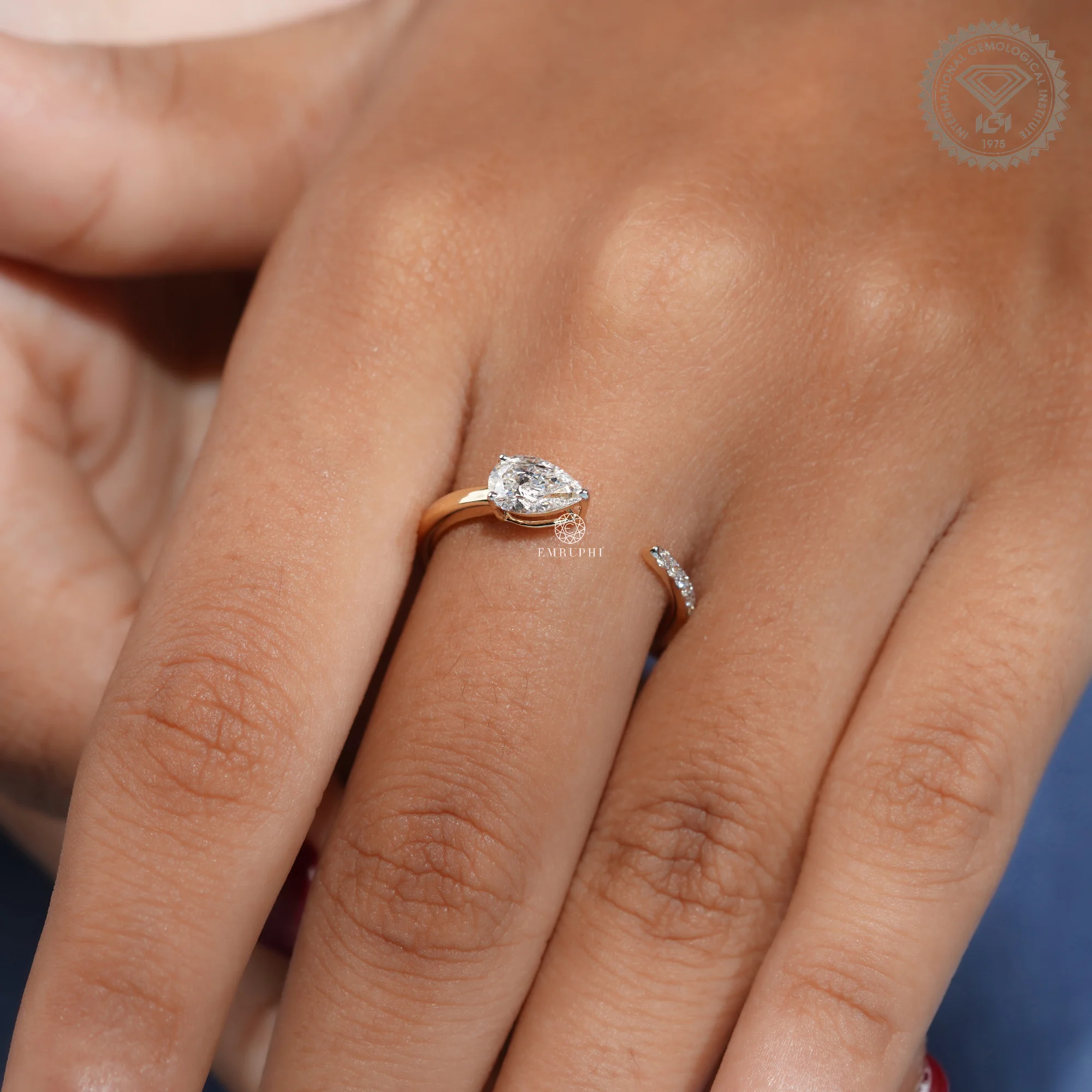 Pear Cut Lab Grown Diamond Open Ring, IGI Certified Bypass Engagement Ring — view 11