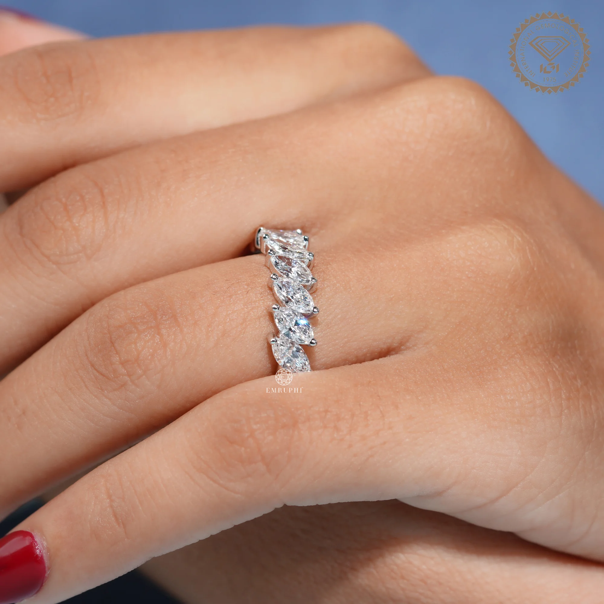 Marquise Cut Lab Grown Diamond Half Eternity Ring, Angled Marquise Wedding Band — view 9