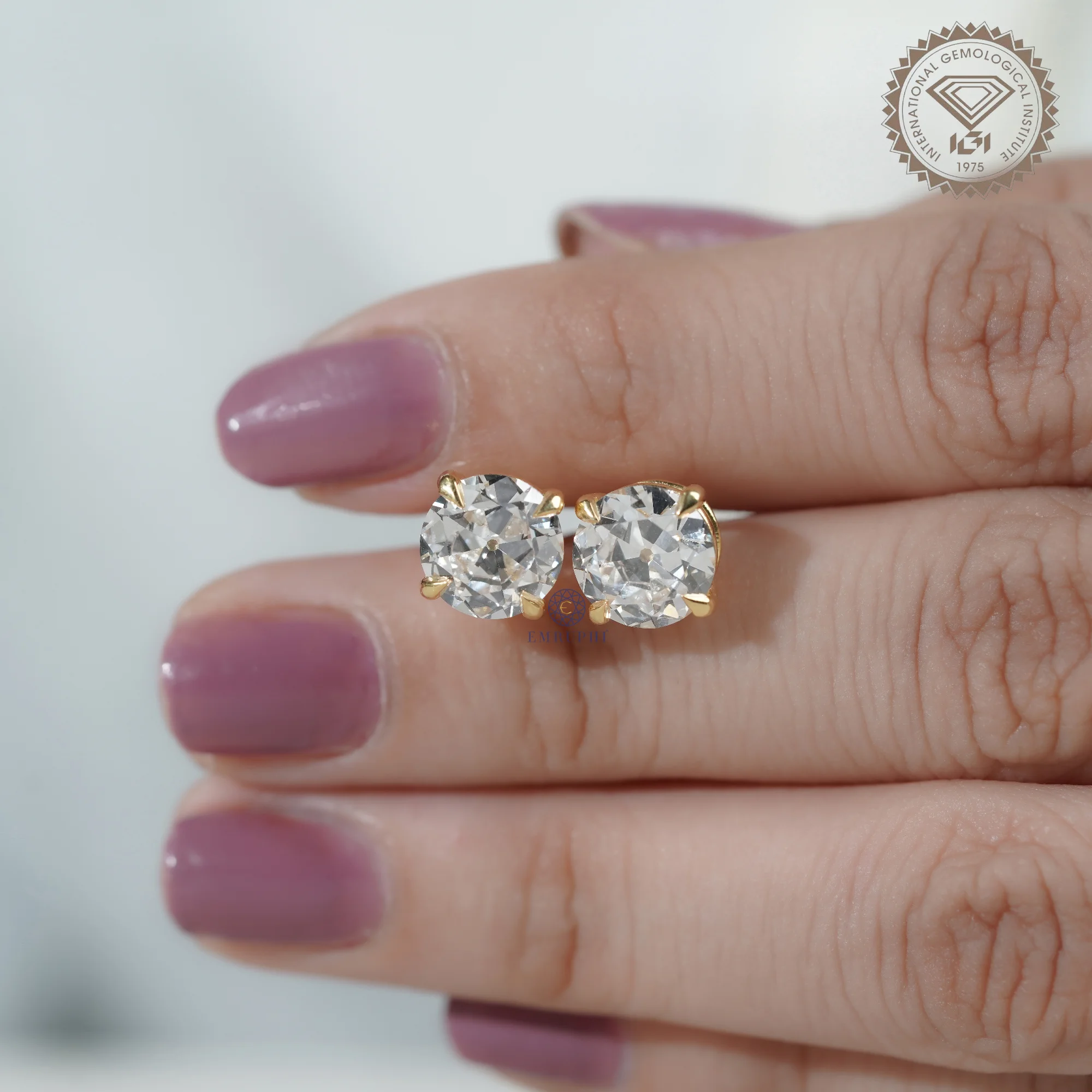 Round Old Mine Stud Earrings in 14k Yellow Gold, Solitaire Stud For Women — view 12