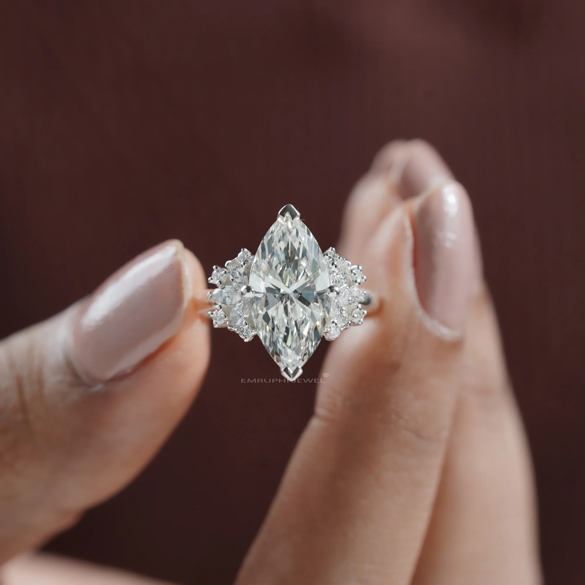 3.50 Carat Marquise Lab Grown Diamond Ring, Gold Cluster Engagement Ring — view 9