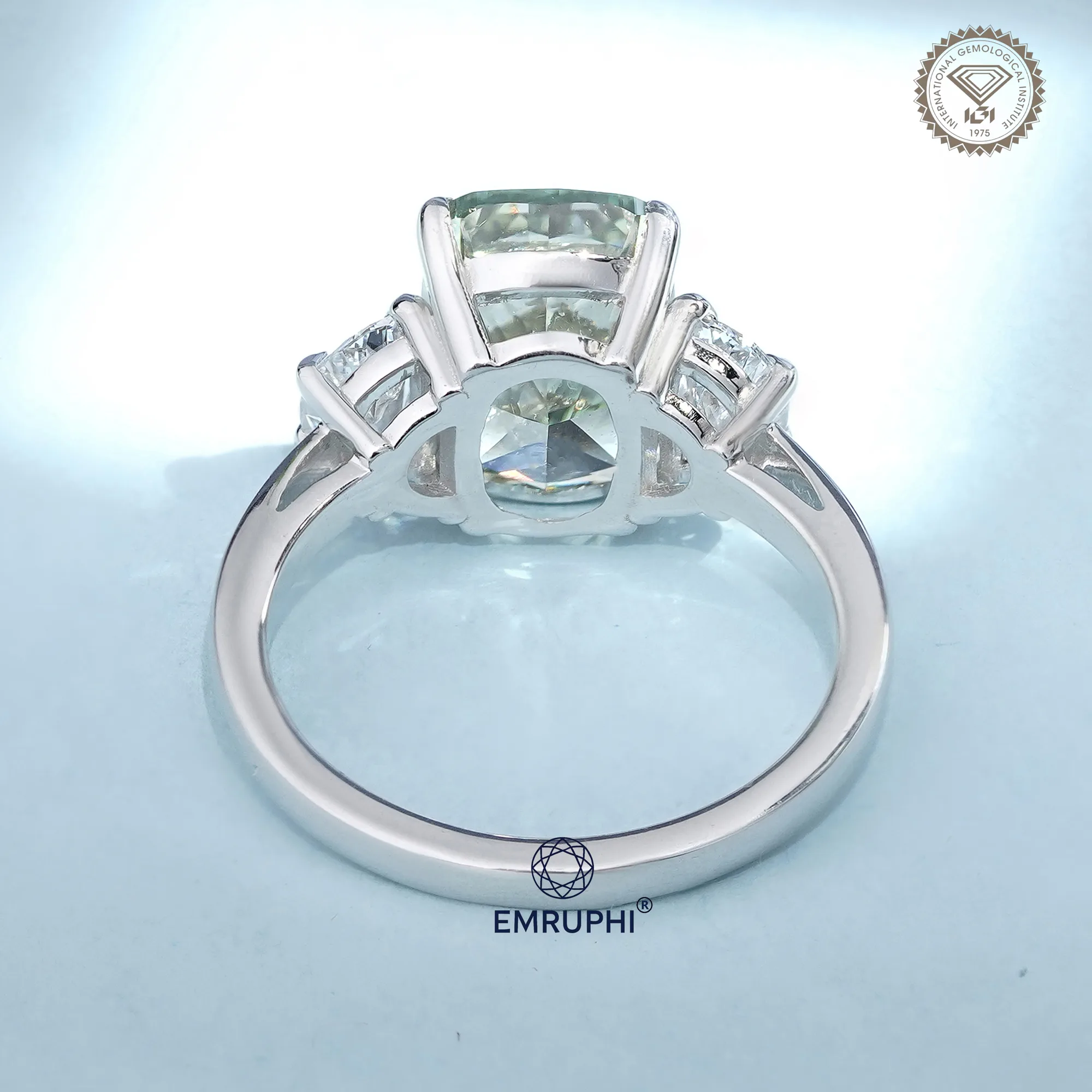Vivid Green Cushion Diamond Three Stone Ring, 14K Gold Engagement Ring (IGI Certified) — view 4