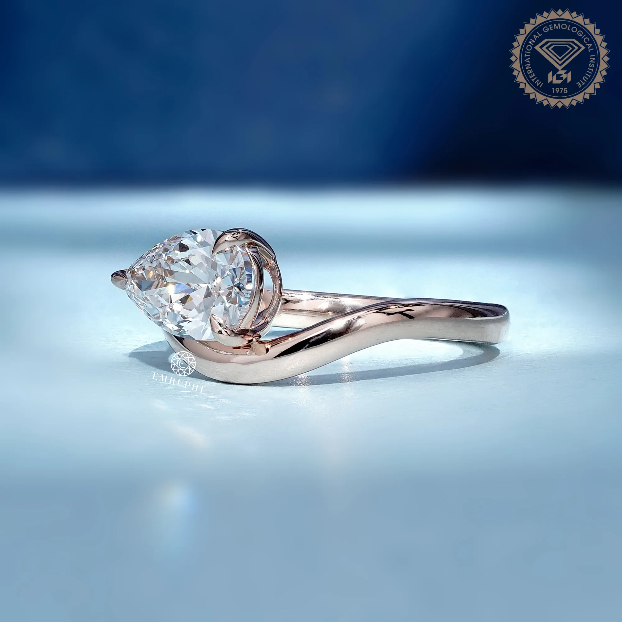 1 CT Pear Cut Lab Grown Diamond Engagement Ring, Curved Solitaire Ring — view 2