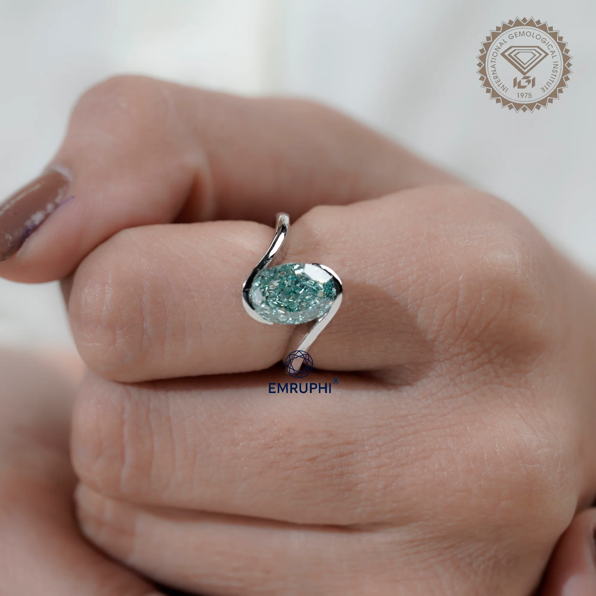 Oval Cut Lab Grown Diamond Ring, 14k White Gold, Antique Greenish Colording Ring — view 12