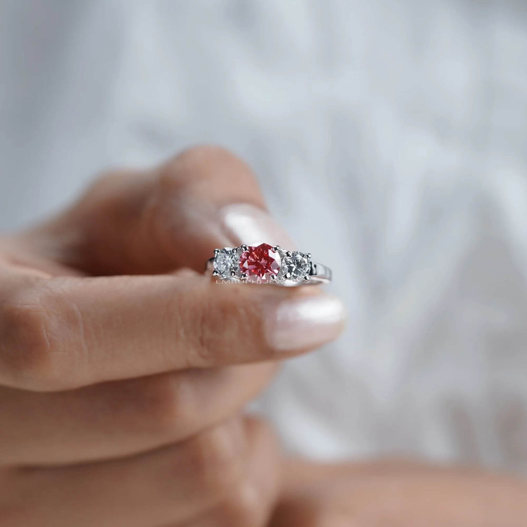 Pink Lab Grown Diamond Engagement Ring, 14K White Gold Three-Stone Wedding Ring — view 5