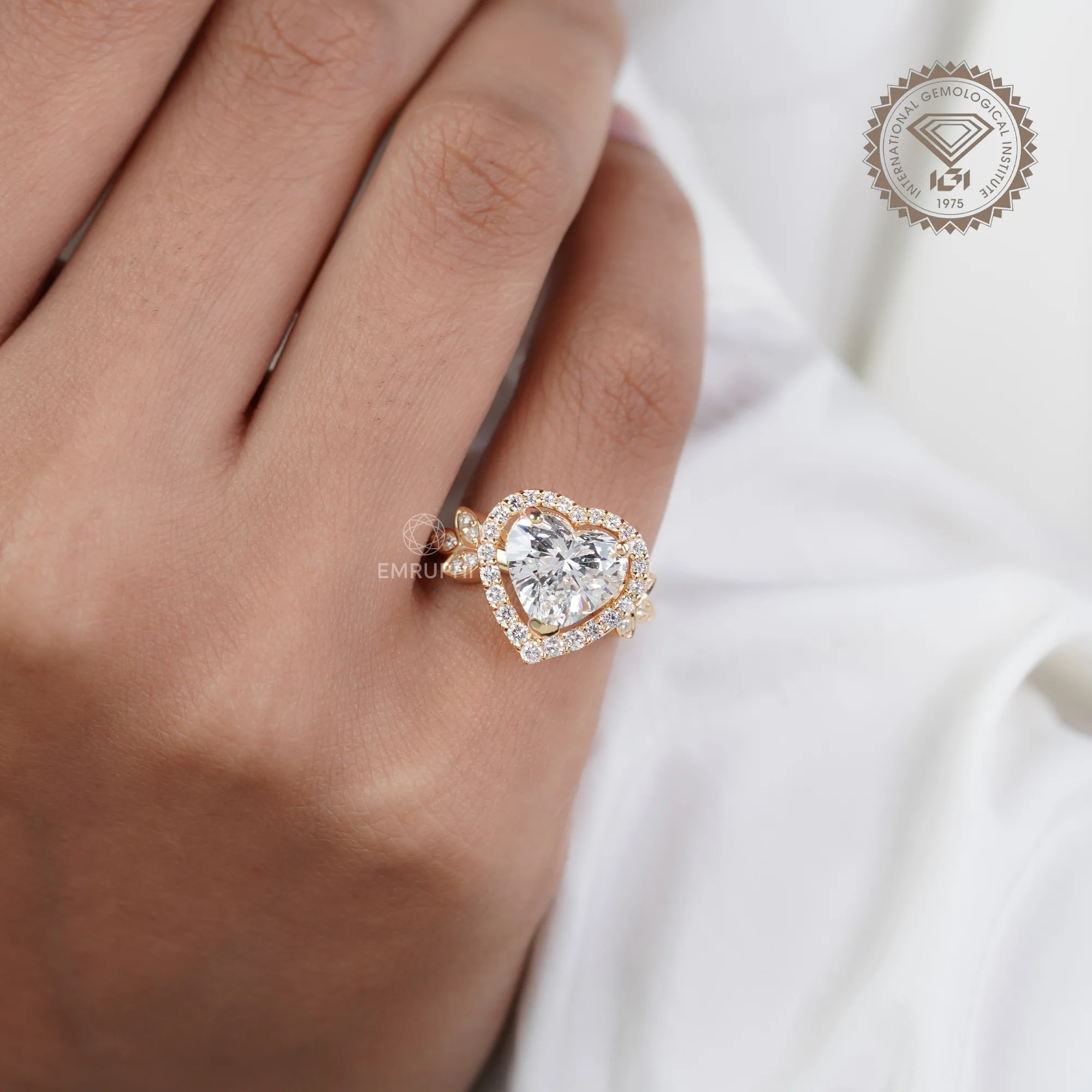 Heart Cut Halo Lab Grown Diamond Ring with Floral Side Accents, Romantic Heart Engagement Ring — view 8