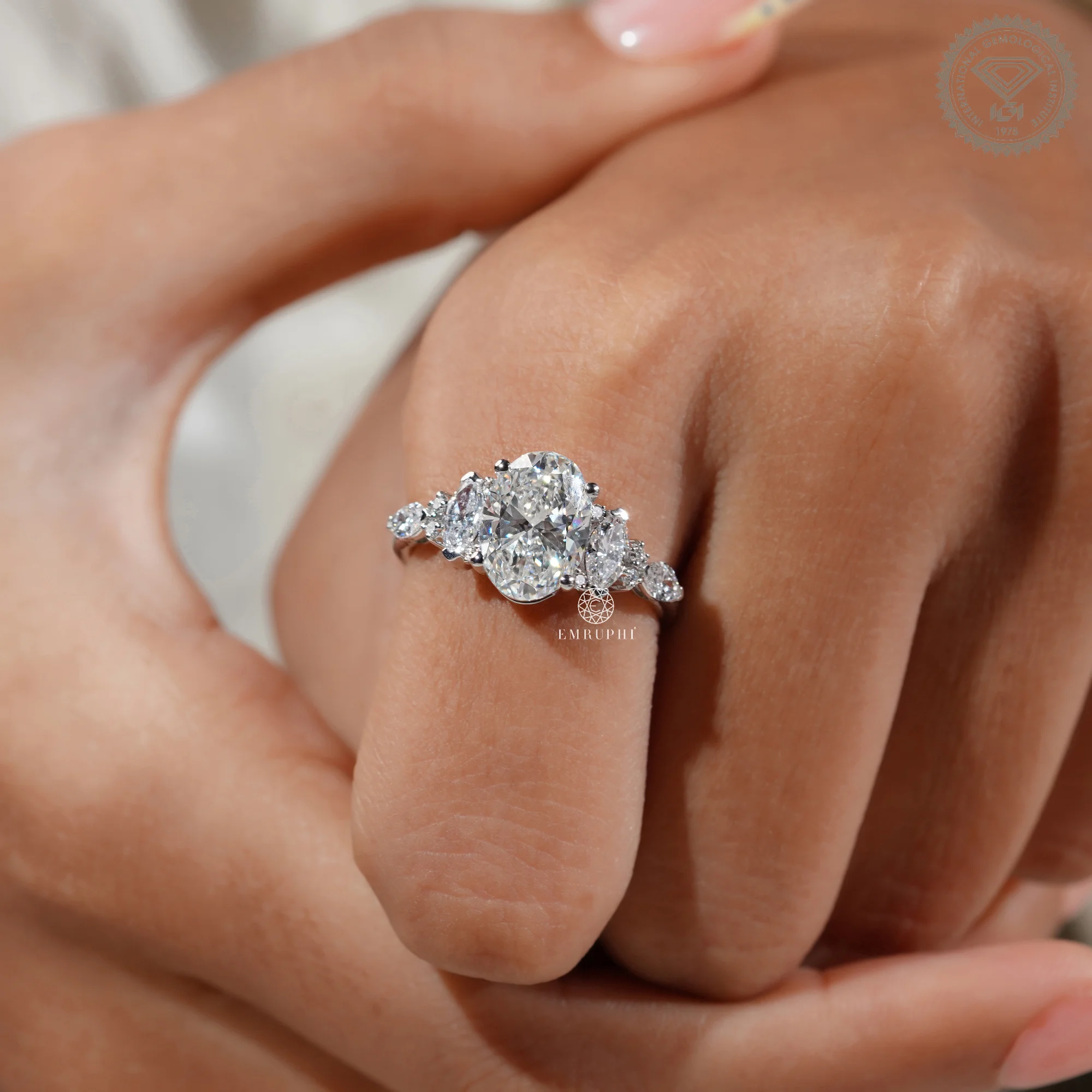 Oval Cut Lab Grown Diamond Engagement Ring, IGI Certified, Marquise Side Stones — view 9