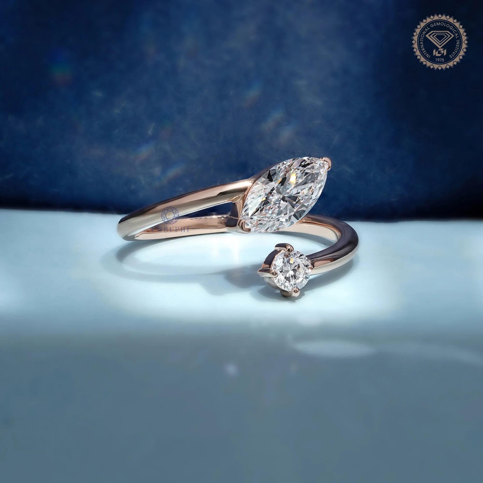 Marquise & Round Lab Grown Diamond Toi et Moi Ring, Open Wrap Engagement Ring, 14K Rose Gold Minimalist Bridal Ring — view 3