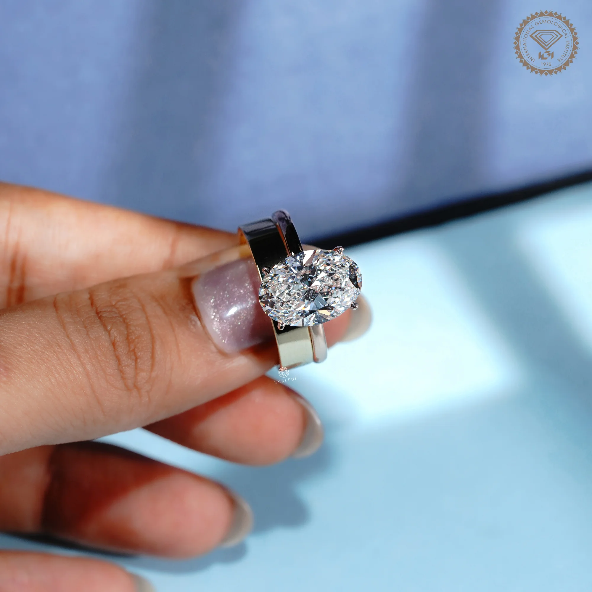 5 CT Oval Lab Grown Diamond Engagement Ring & 5mm Plain Gold Band Ring Set — view 5