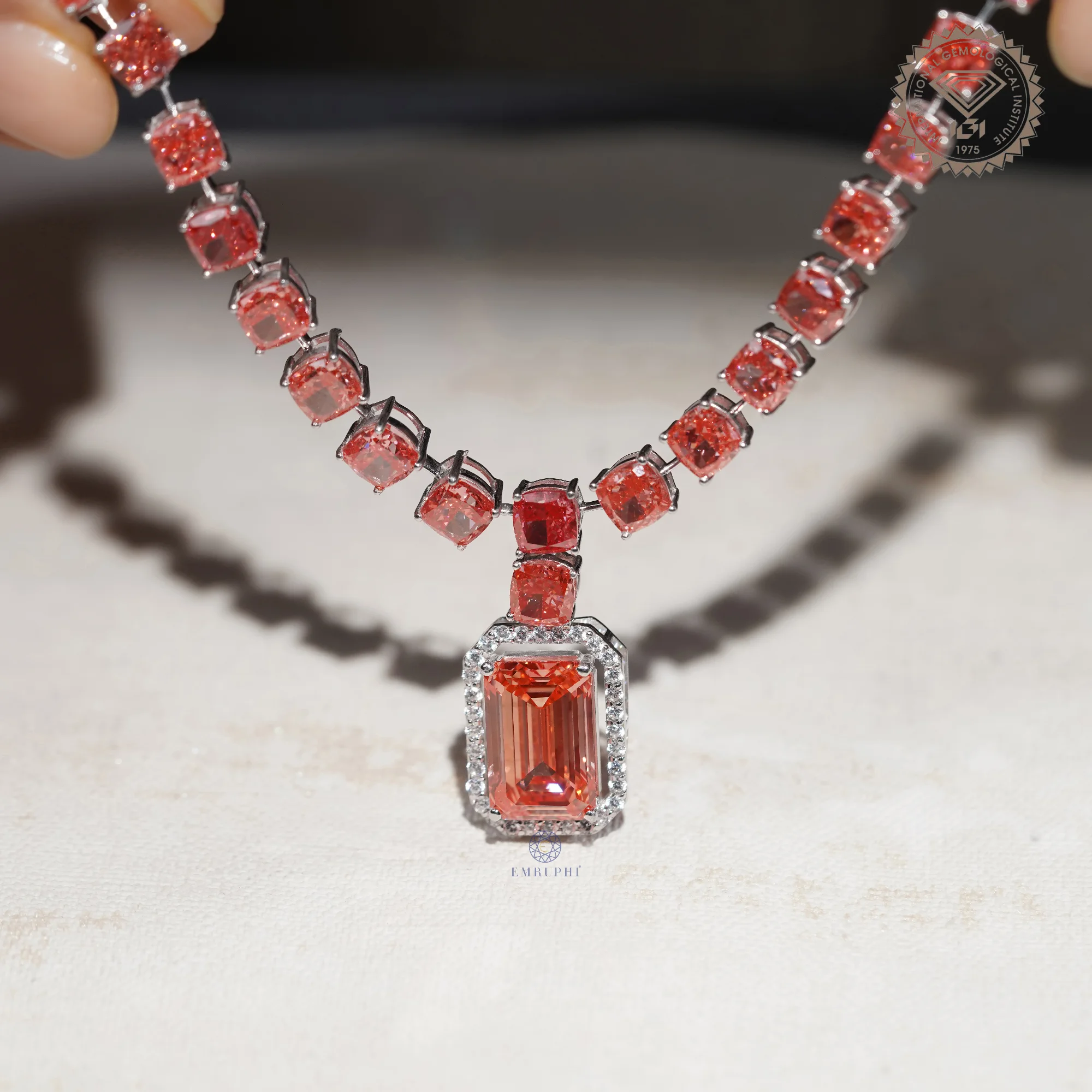 7.25 CT Vivid Pink Emerald Cut Halo Pendant Necklace, Cushion Tennis Necklace — view 12