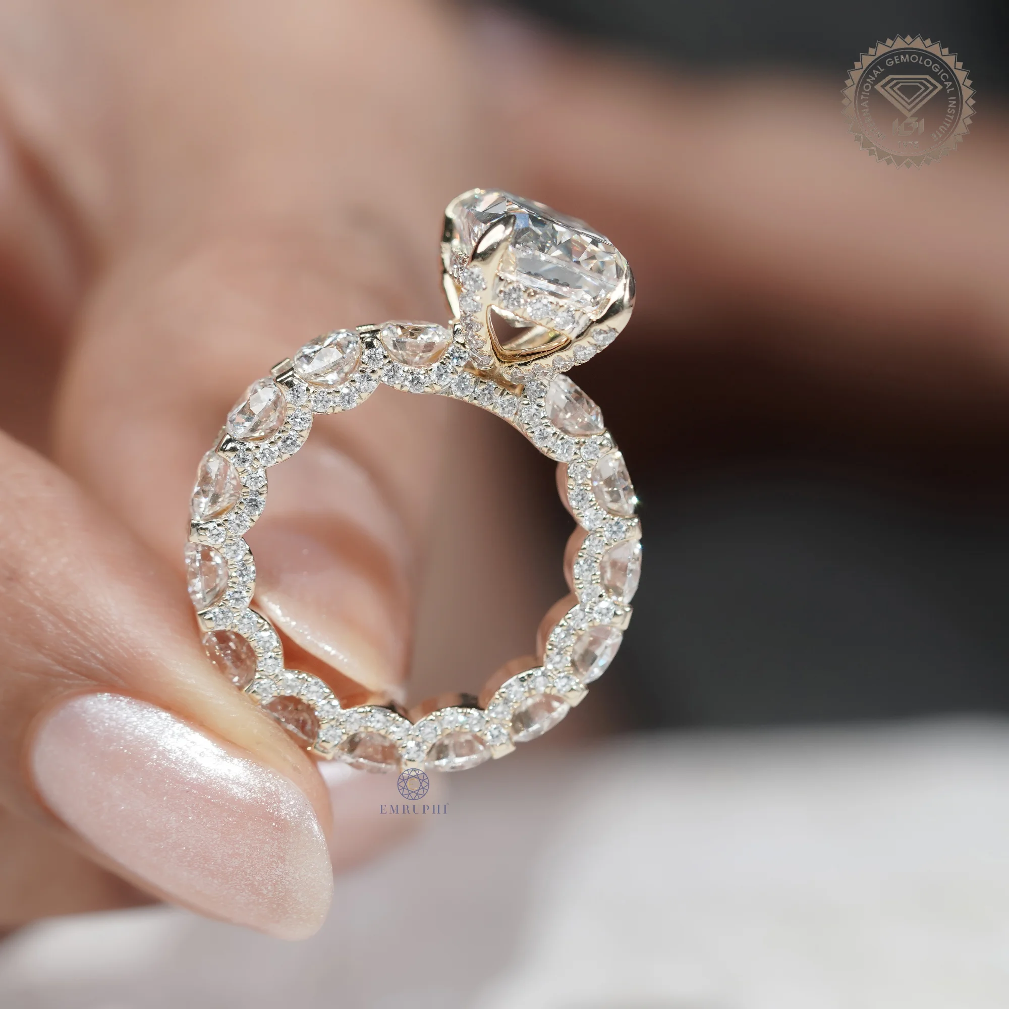 5 CT Cushion Cut Lab Grown Diamond Engagement Ring, Round Diamond Band Ring, 14K Gold Bridal Ring — view 7