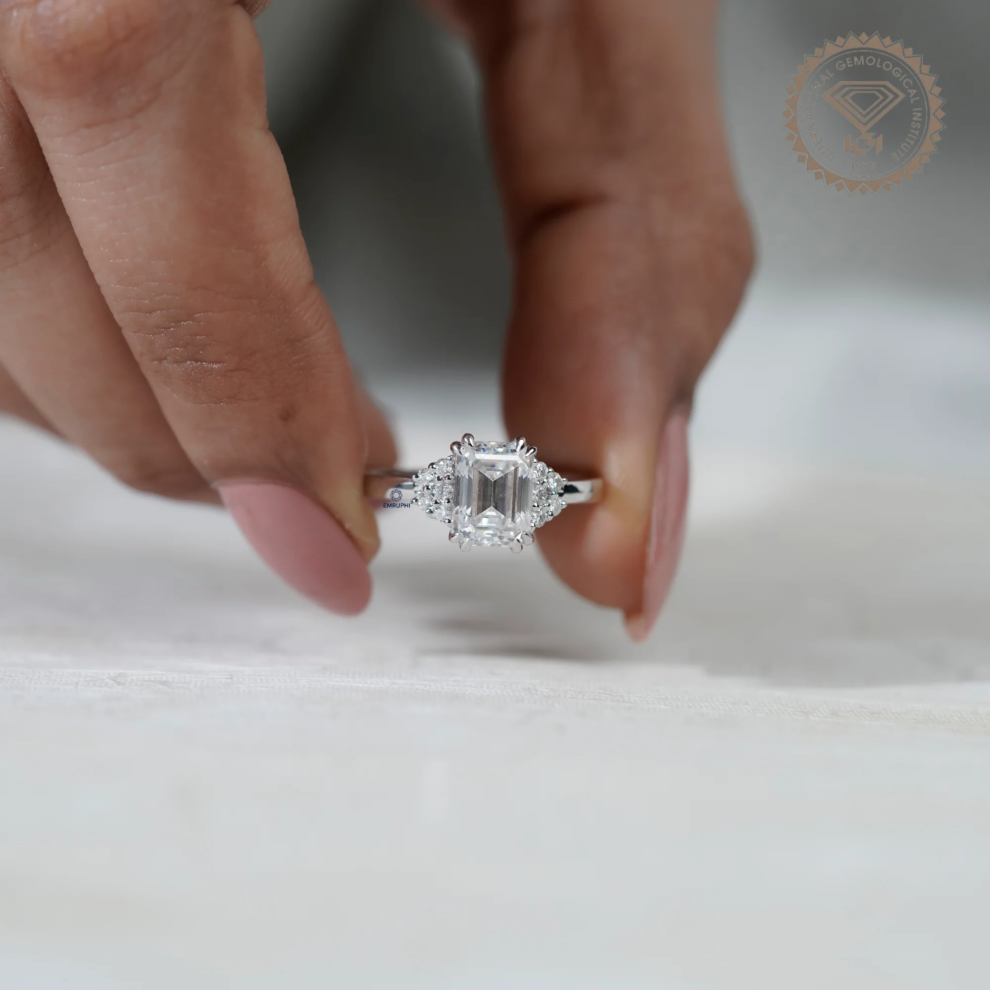 Emerald Cut Labgrown Diamond Engagement Ring, 14k White Gold Snowdrift Cluster Proposal Ring — view 5