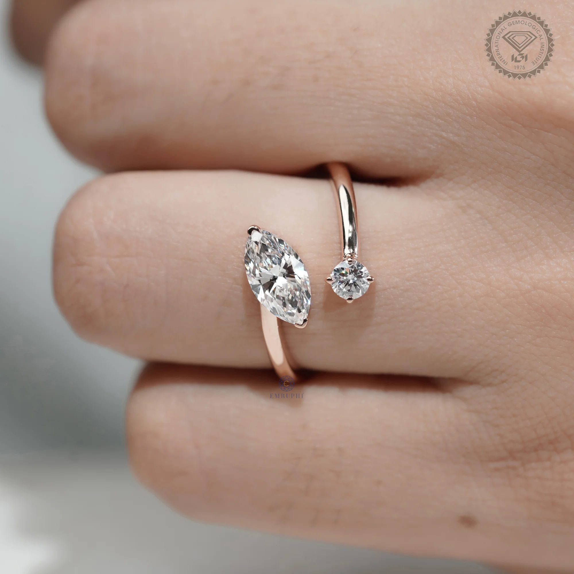 Marquise & Round Lab Grown Diamond Toi et Moi Ring, Open Wrap Engagement Ring, 14K Rose Gold Minimalist Bridal Ring — view 7