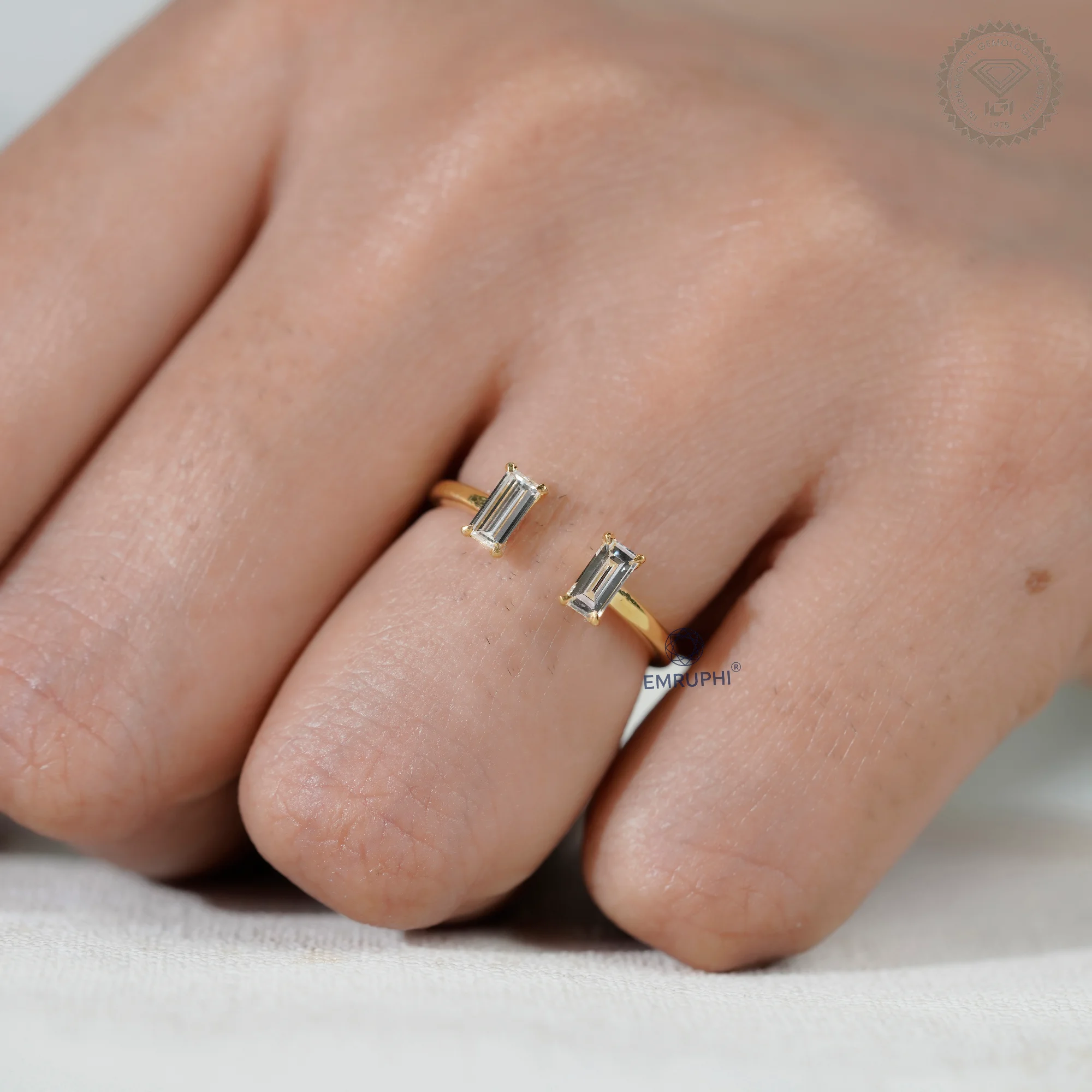 Baguette Lab-Grown Diamond Open Cuff Ring, Solid Gold Wedding Band — view 8
