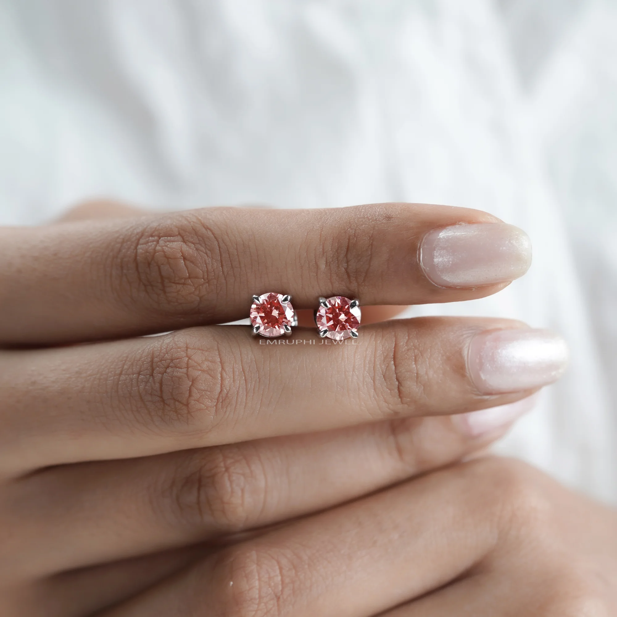 Lab Grown Pink Diamond Stud Earrings, 1 CT Round White Gold Solitaire (IGI Certified) — view 6
