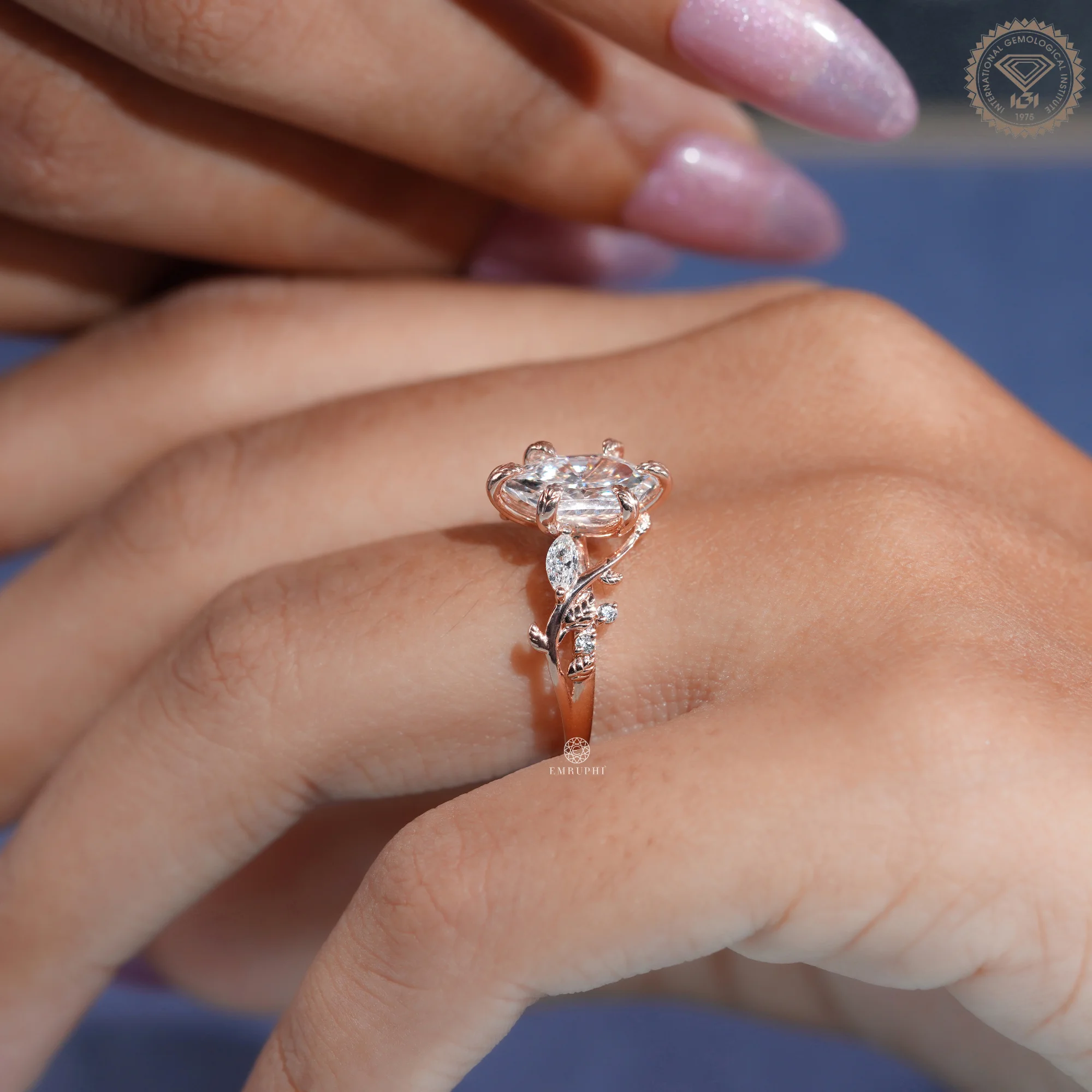Dutch Marquise Lab Grown Nature Inspired Ring, 14K Rose Gold Wedding Ring, Leaf Diamond Ring — view 13