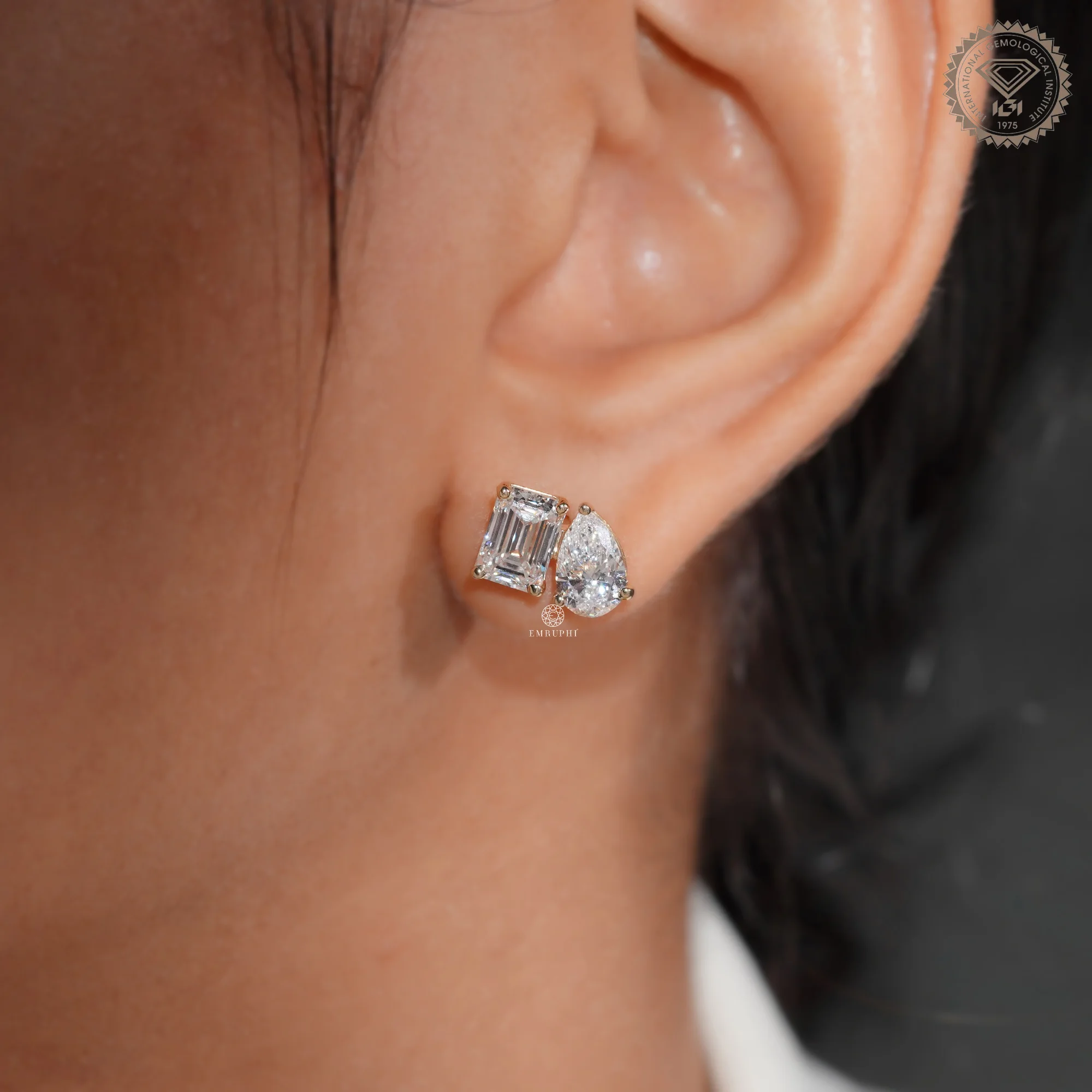 4.00 TCW Emerald & Pear Diamond Earrings, Toi et Moi Studs, 14K Yellow Gold Earrings — view 6