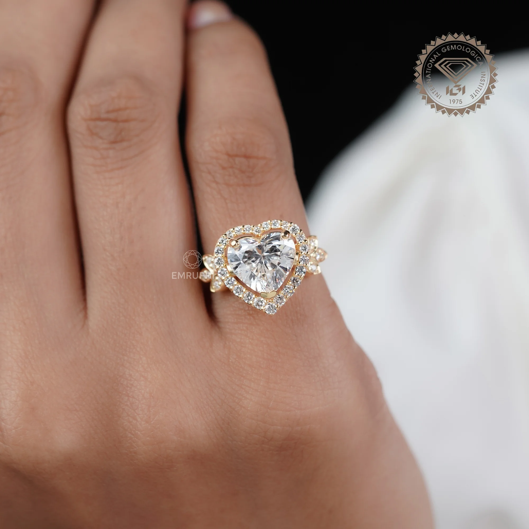 Heart Cut Halo Lab Grown Diamond Ring with Floral Side Accents, Romantic Heart Engagement Ring — view 6