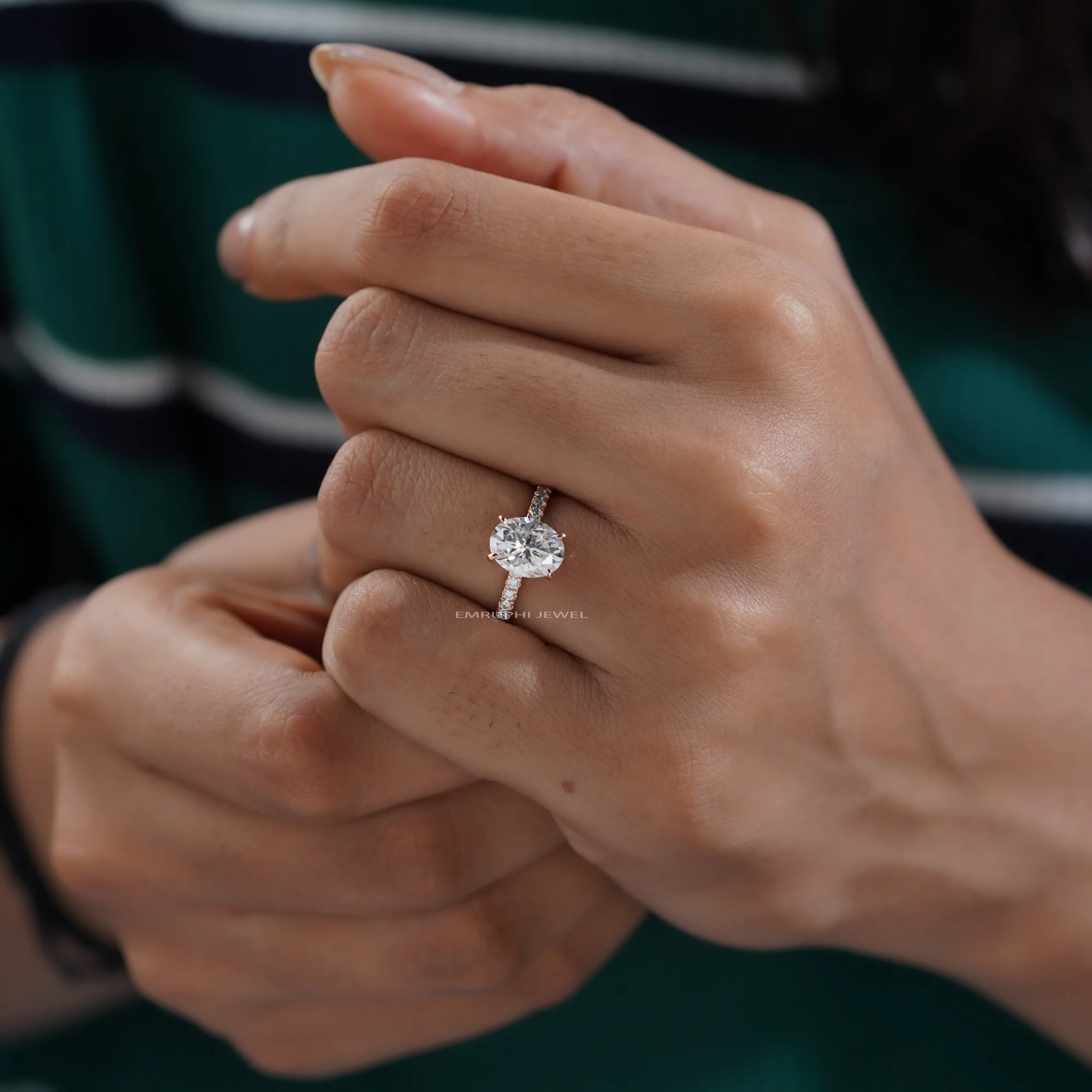 14K Solid Gold Engagement Ring With Pave, 1.5 CT Oval Lab Grown Diamond Ring — view 7