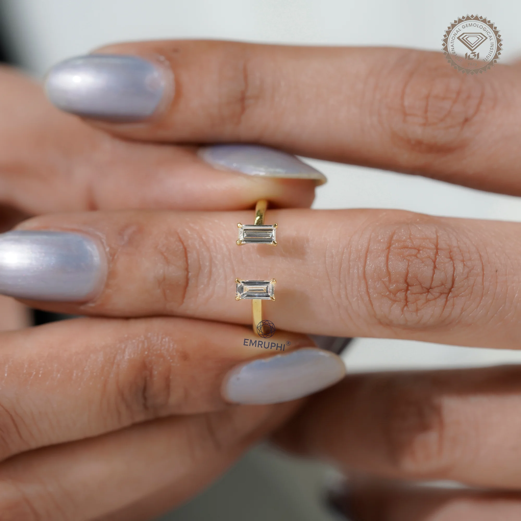 Baguette Lab-Grown Diamond Open Cuff Ring, Solid Gold Wedding Band — view 7