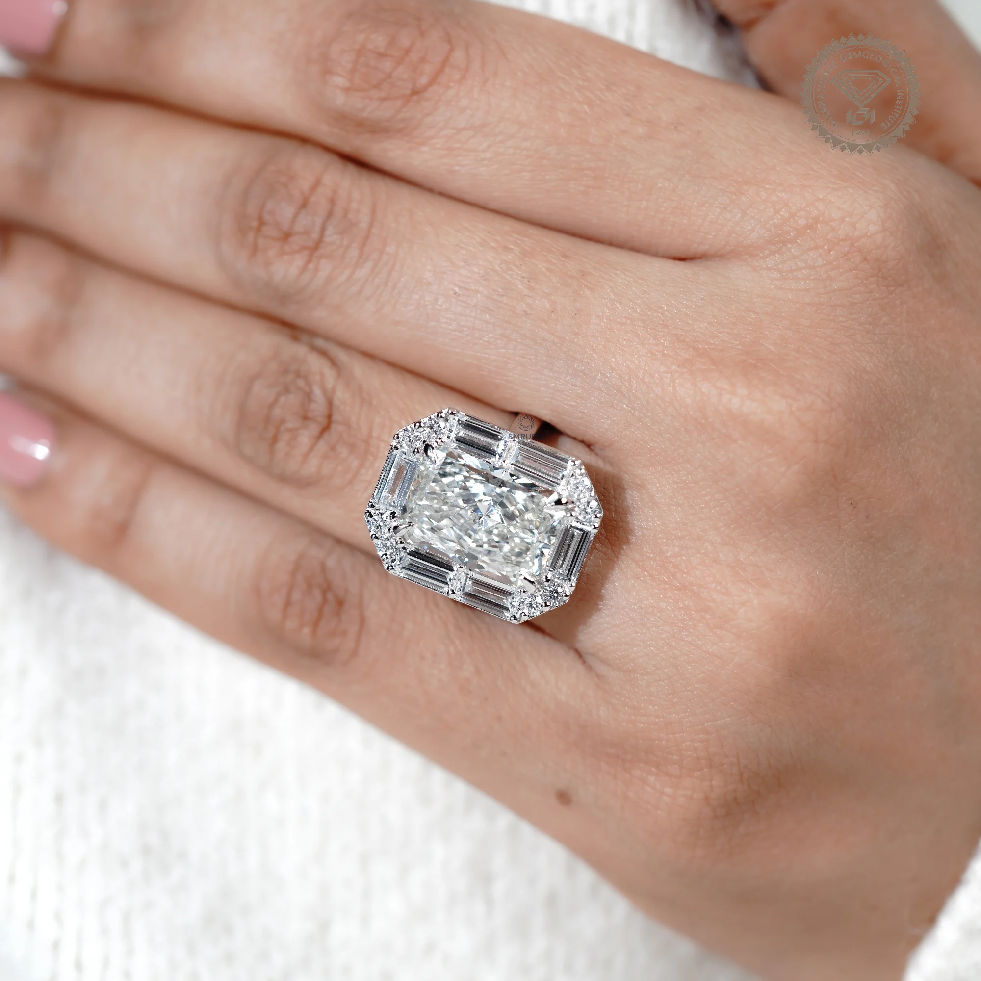 Radiant Cut Lab Grown Halo Diamond Ring, Baguette Diamond Halo Wedding Ring, Conflict Free Diamond — view 11