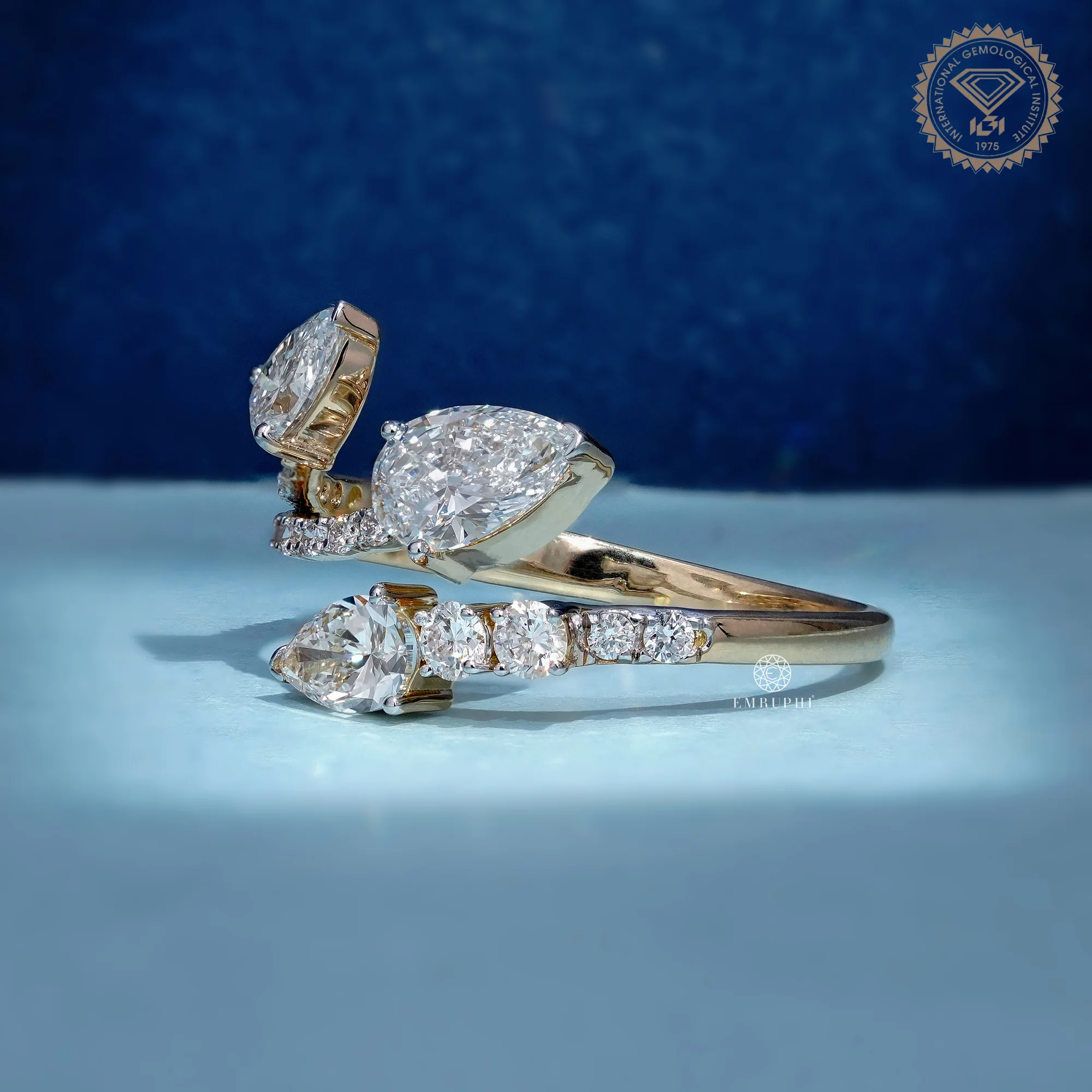 Three Stone Pear Lab Diamond Open Wrap Ring, Toi et Moi Style Ring, IGI Certified Diamonds — view 2