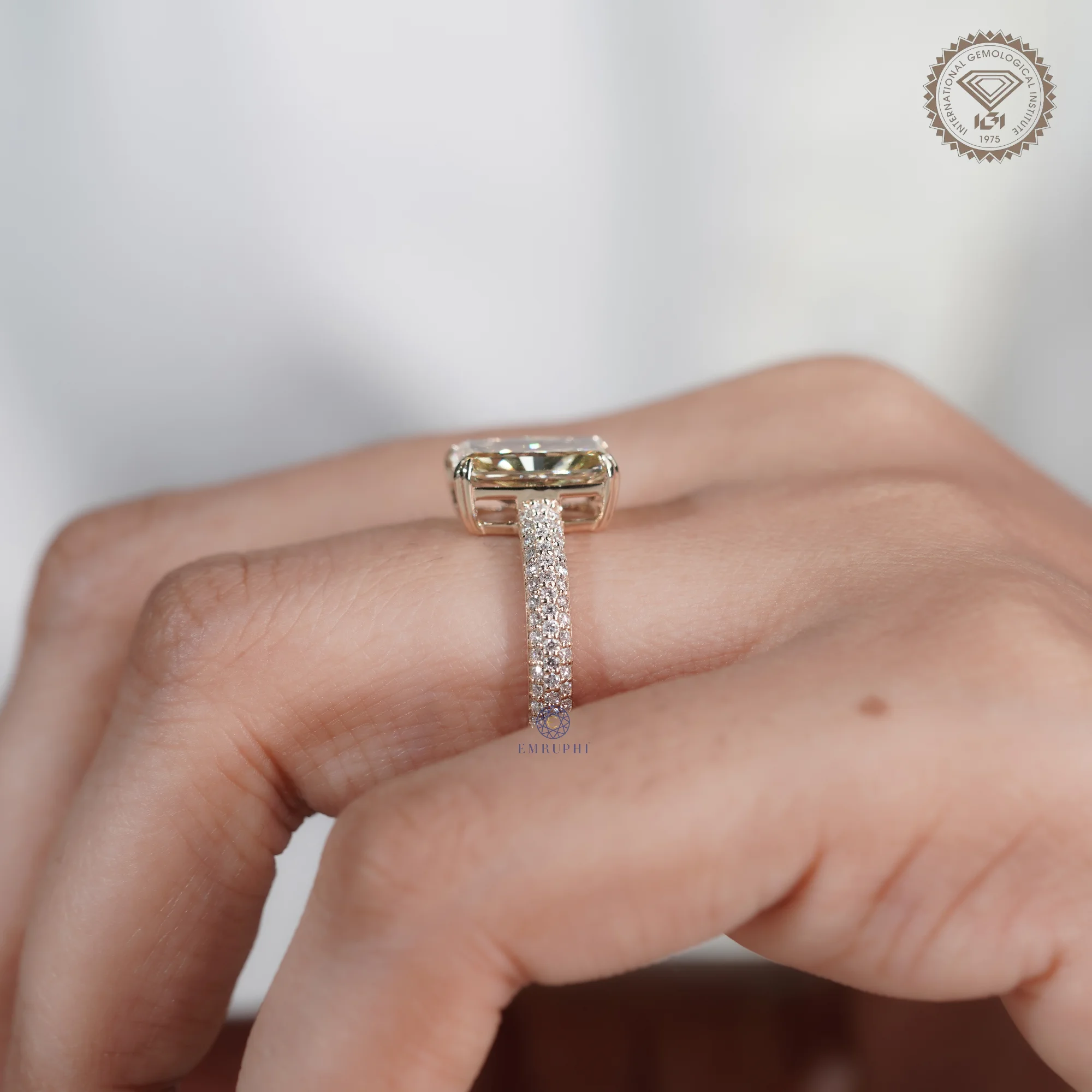 3 CT Radiant Cut Yellow Lab Grown Diamond Ring, Fancy Yellow Engagement Ring, Pave Band Diamond Ring — view 10
