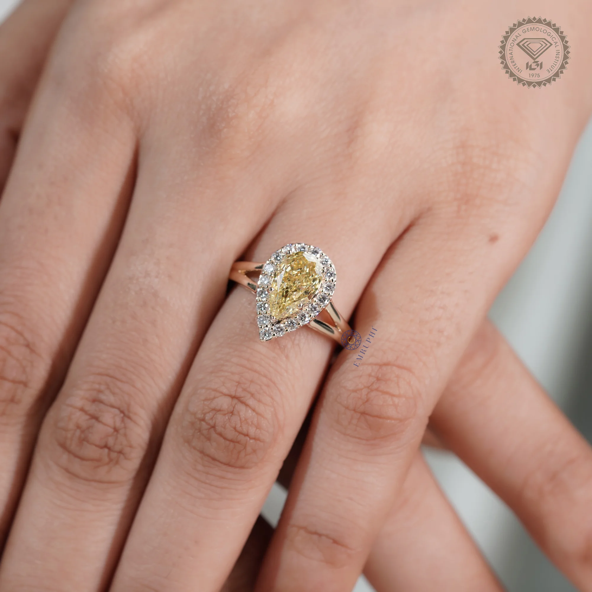 2.00 CT Pear Cut Yellow Lab Grown Diamond Halo Ring, Fancy Yellow Diamond Engagement Ring — view 11