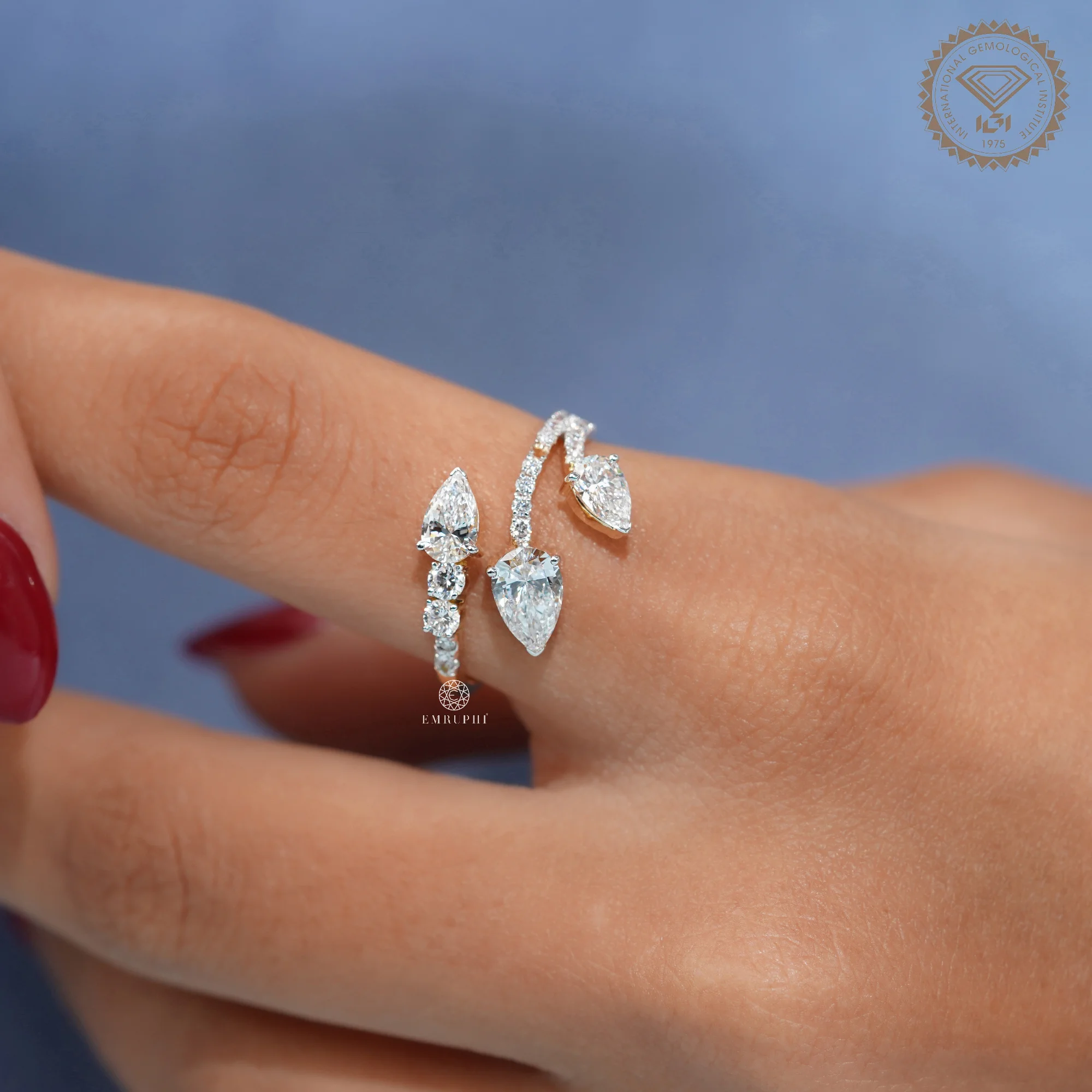Three Stone Pear Lab Diamond Open Wrap Ring, Toi et Moi Style Ring, IGI Certified Diamonds — view 7