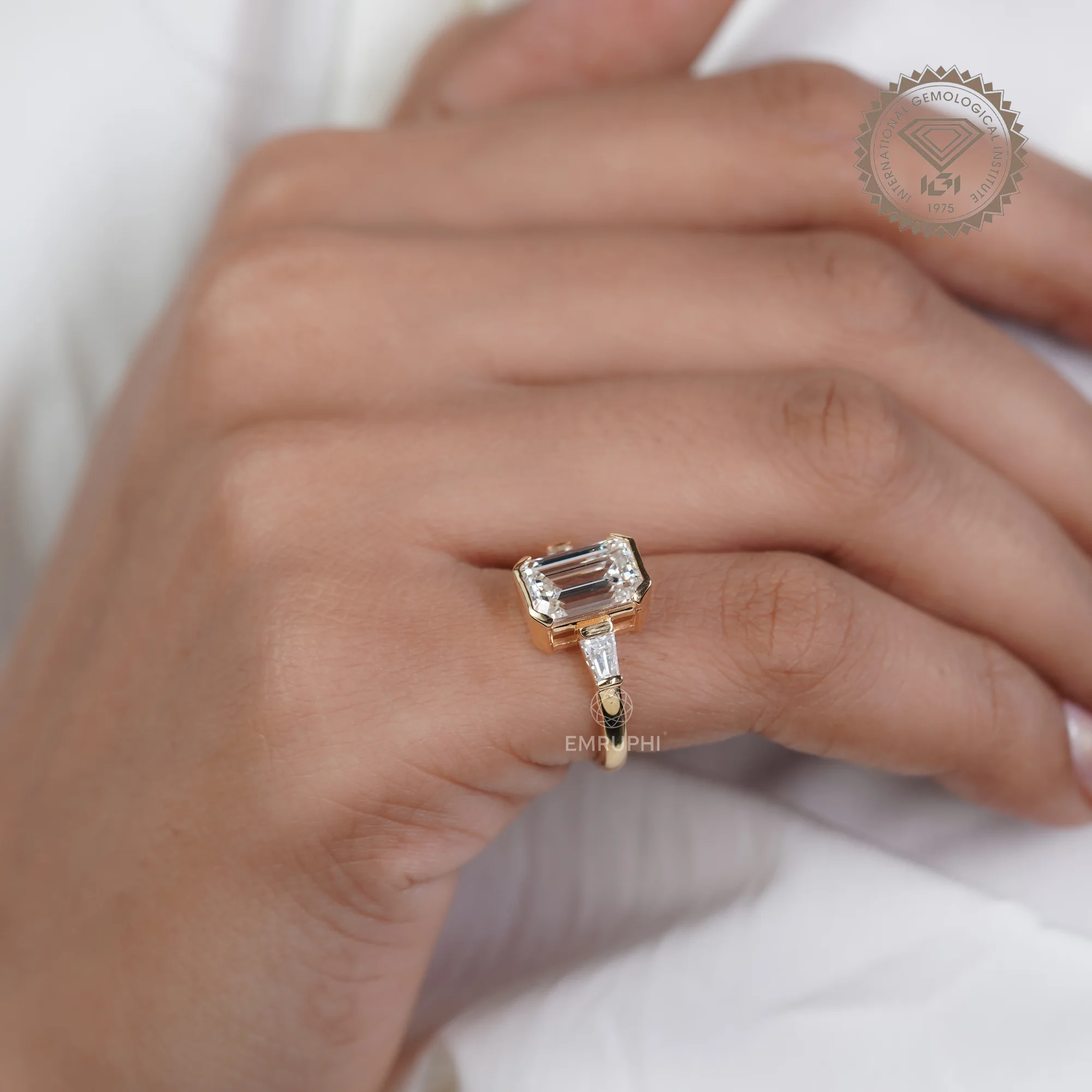 3 Carat Emerald Cut Lab Grown Diamond Ring, Tapered Baguette Ring — view 7