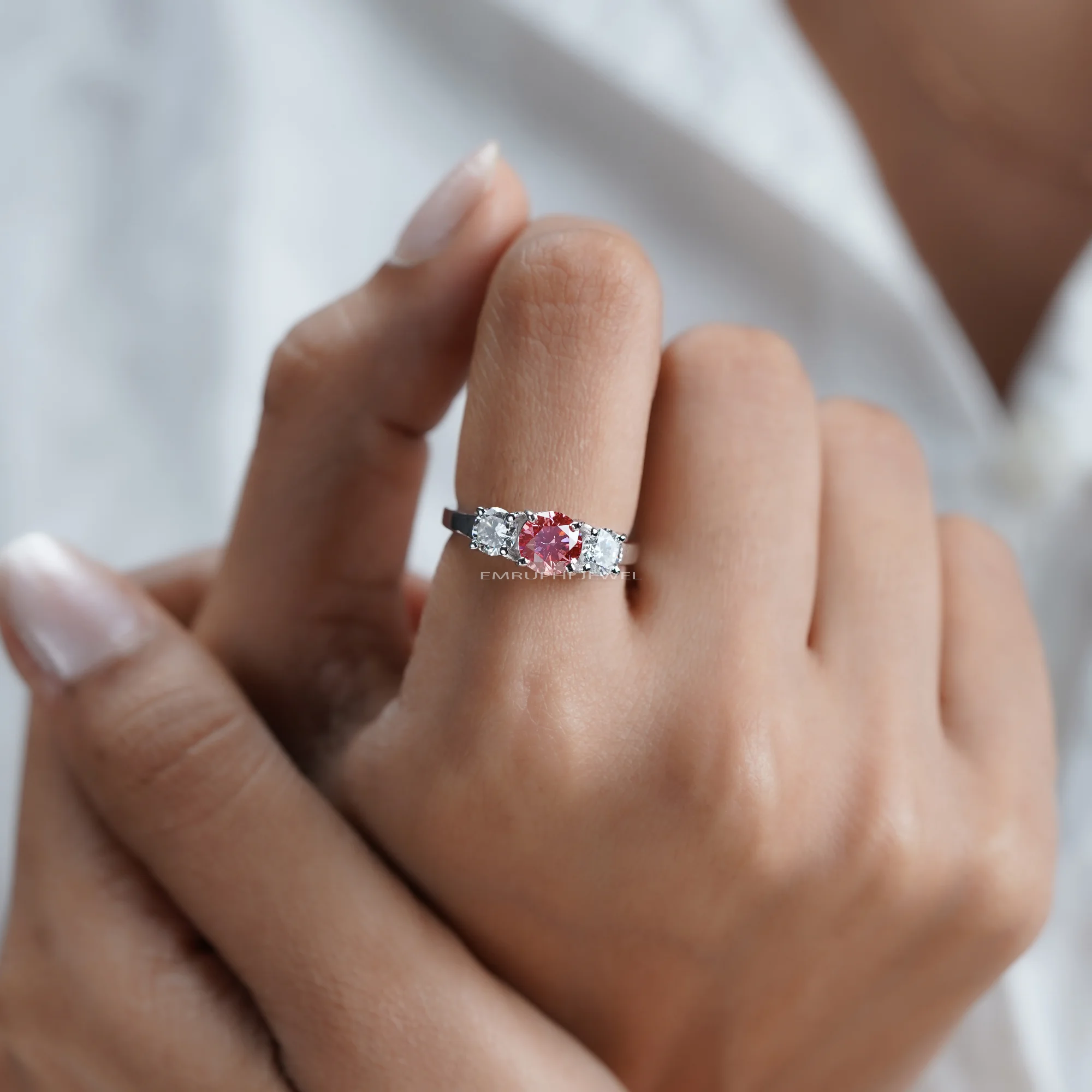 Pink Lab Grown Diamond Engagement Ring, 14K White Gold Three-Stone Wedding Ring — view 9