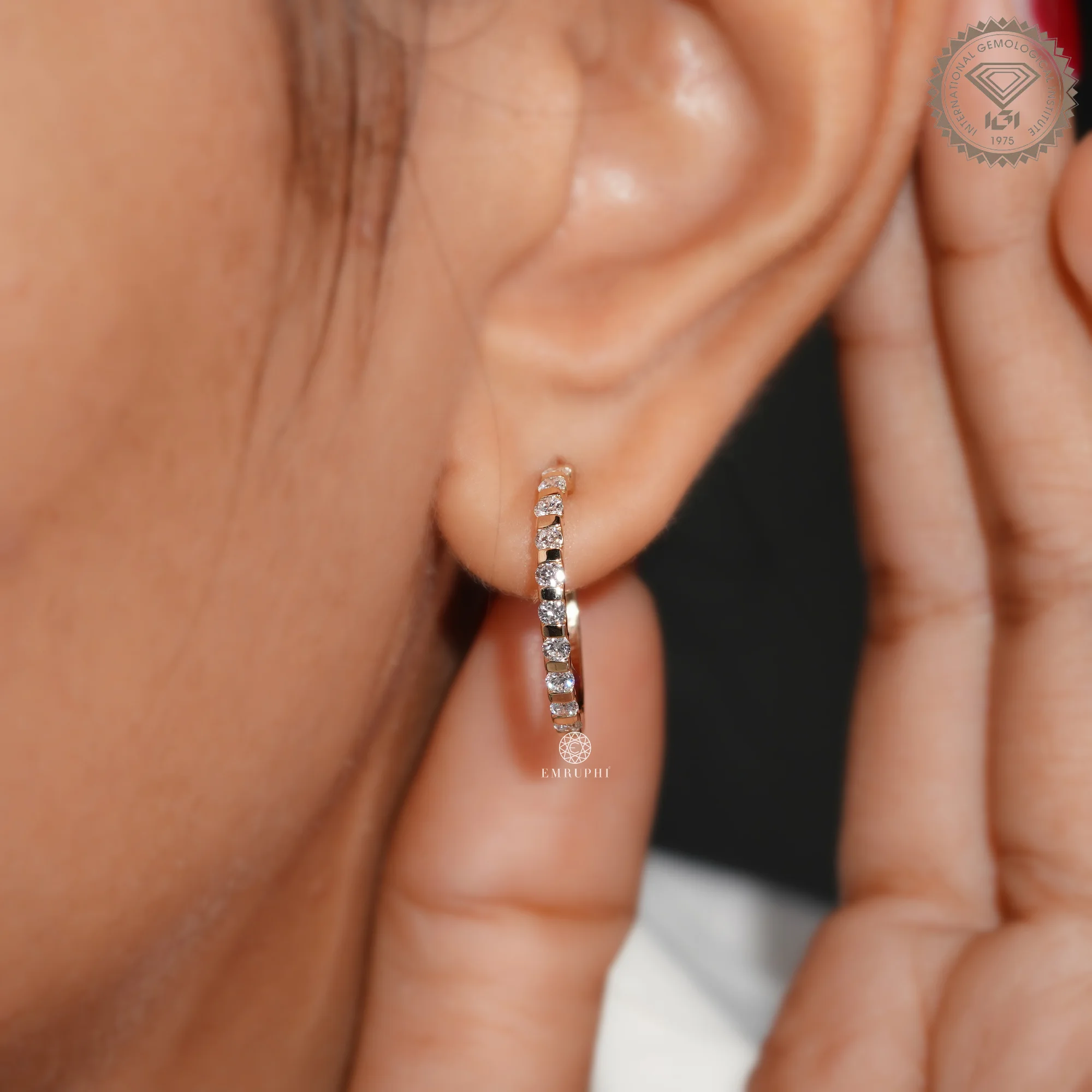 Round Cut Gold Hoop Earrings, Sustainable Dangle Pave Hoops, Channel Set Gold Hoops — view 8