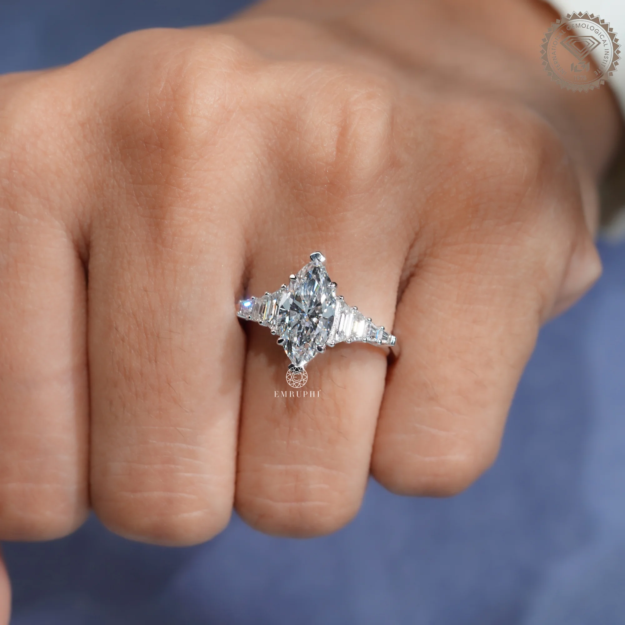 2 Carat Marquise Cut Lab Grown Diamond Engagement Ring, Art Deco Trapezoid Cut Side Stones — view 8