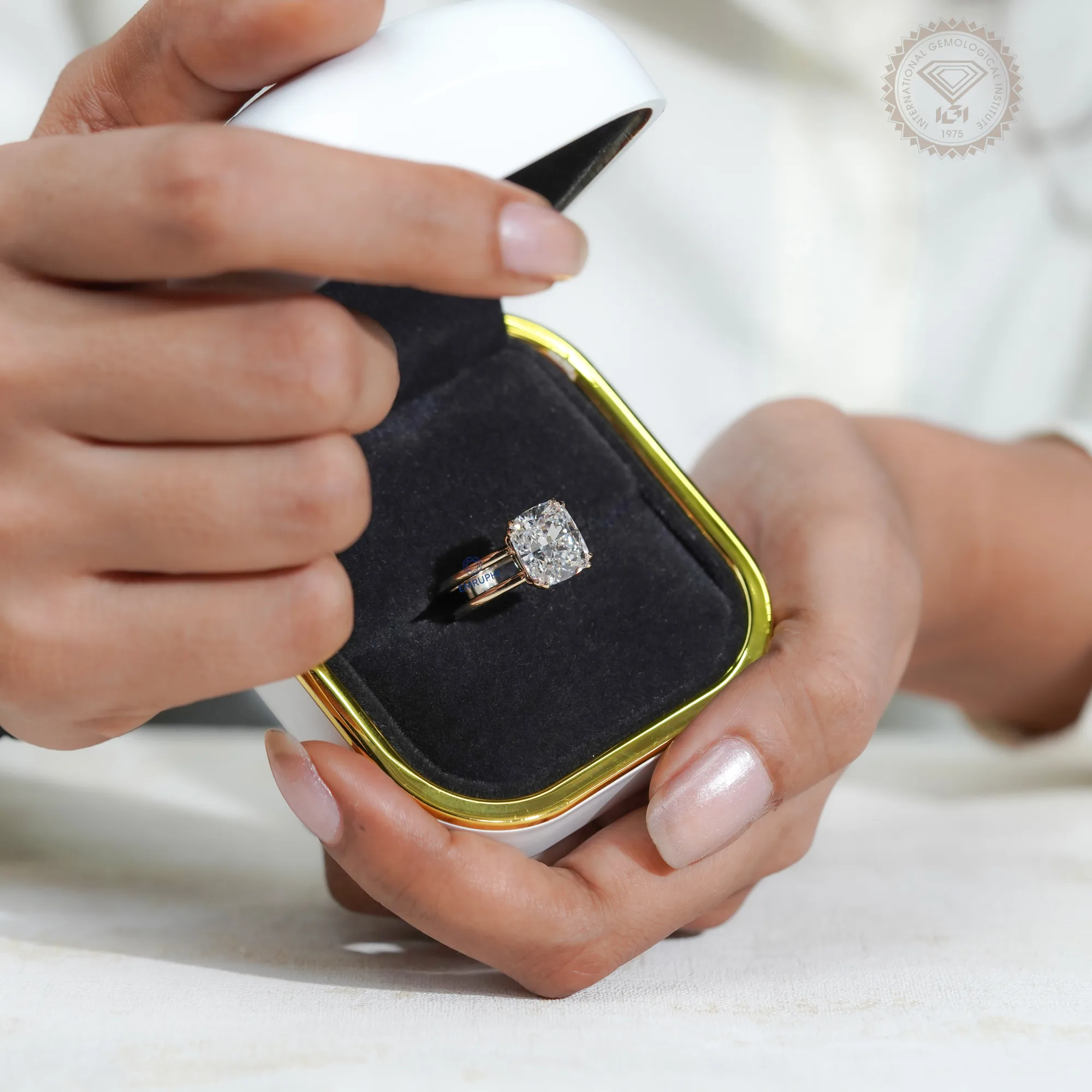 6 Carat Cushion Lab Grown Diamond Engagement Ring, Gold Solitaire Ring — view 5