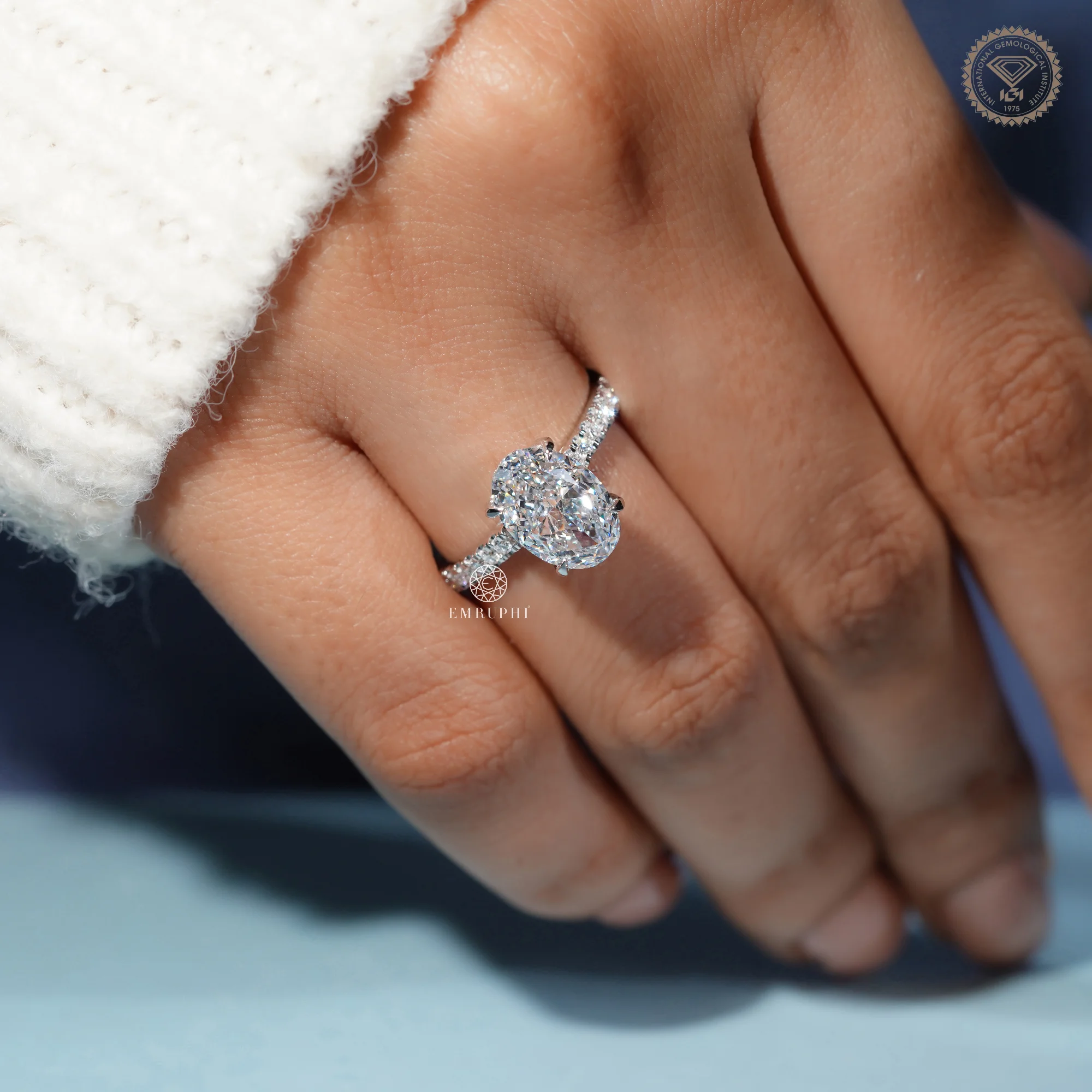2 CT Oval Lab Grown Diamond Engagement Ring, Classic Solitaire Ring with Round Diamond Eternity Shank — view 7