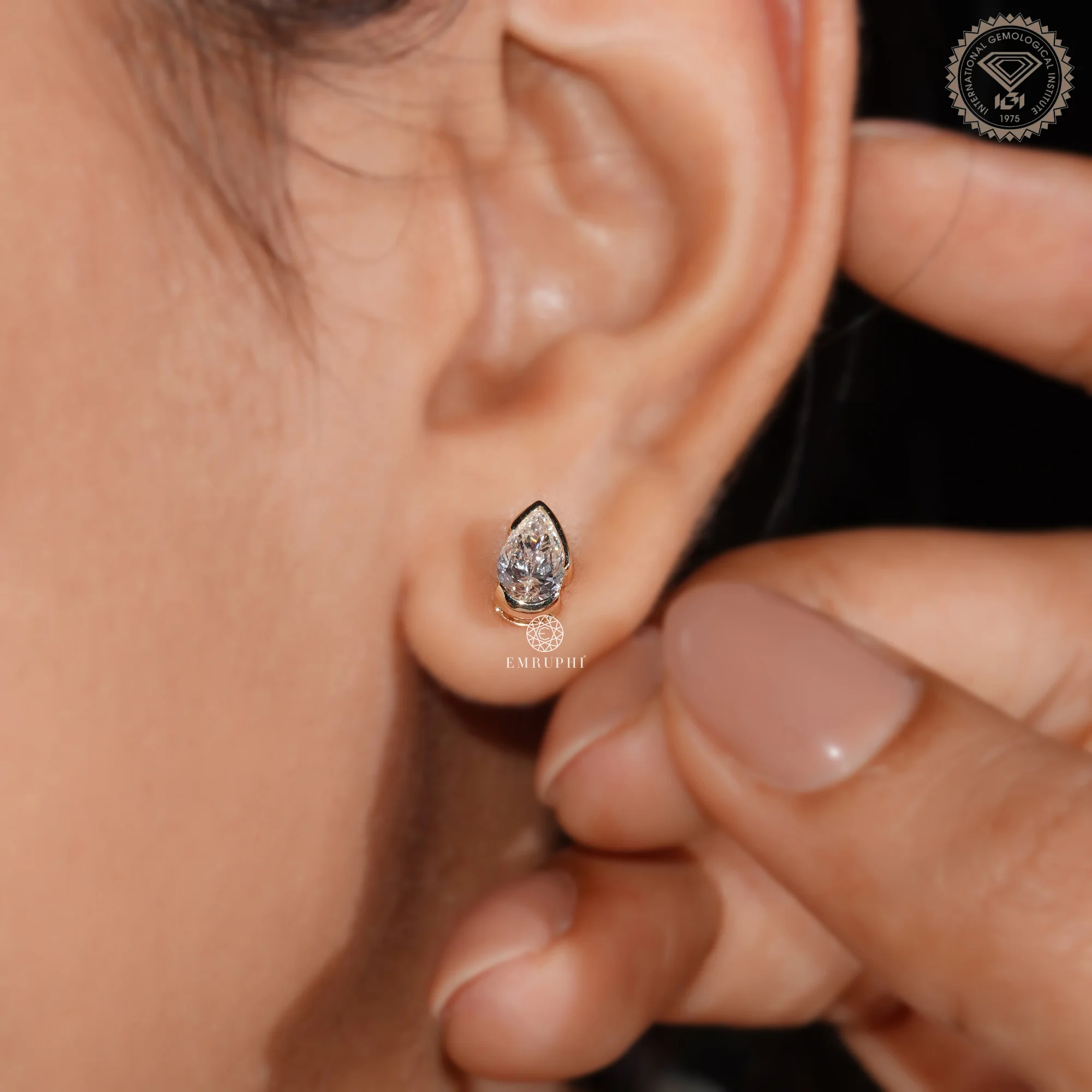 1.00 TCW Pear Shape Lab Grown Diamond Earrings, Half Bezel Set Stud — view 9