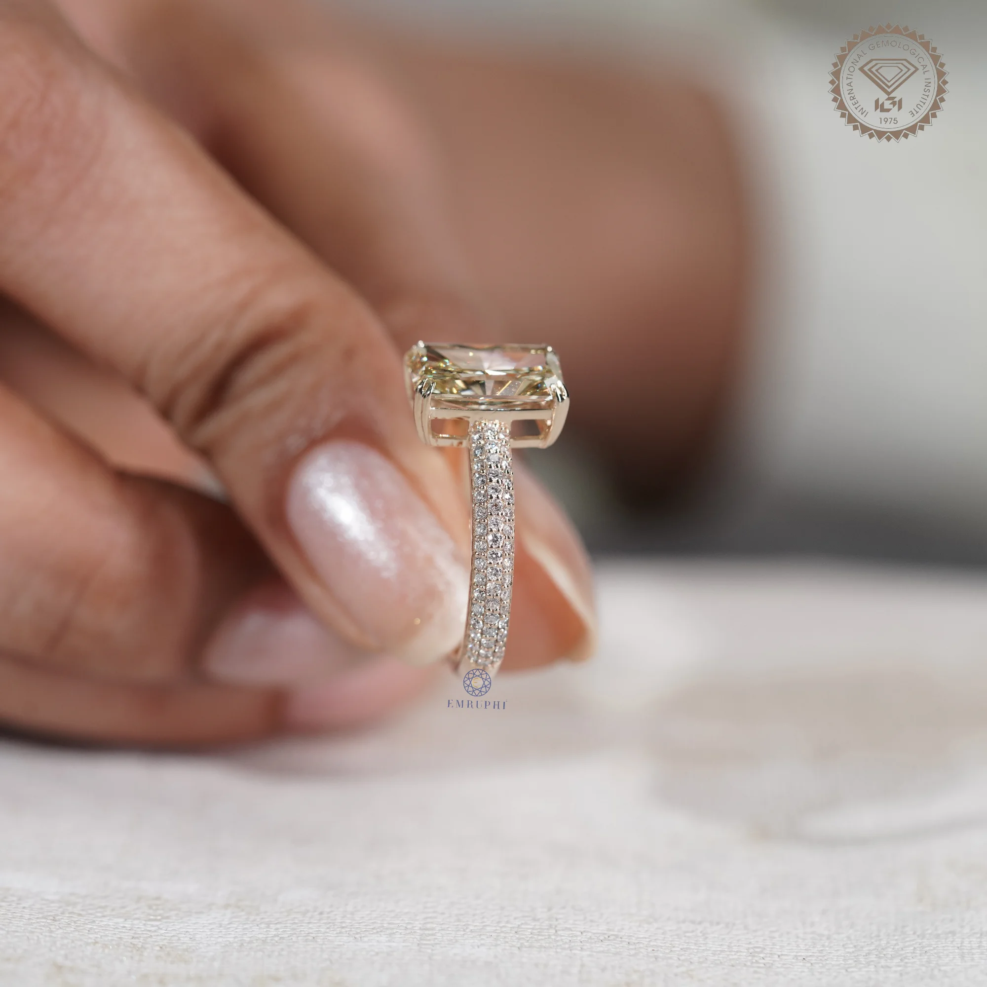 3 CT Radiant Cut Yellow Lab Grown Diamond Ring, Fancy Yellow Engagement Ring, Pave Band Diamond Ring — view 6
