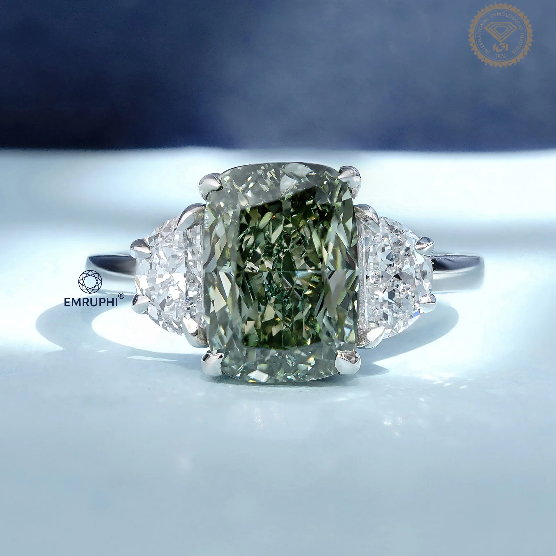 Vivid Green Cushion Diamond Three Stone Ring, 14K Gold Engagement Ring (IGI Certified)