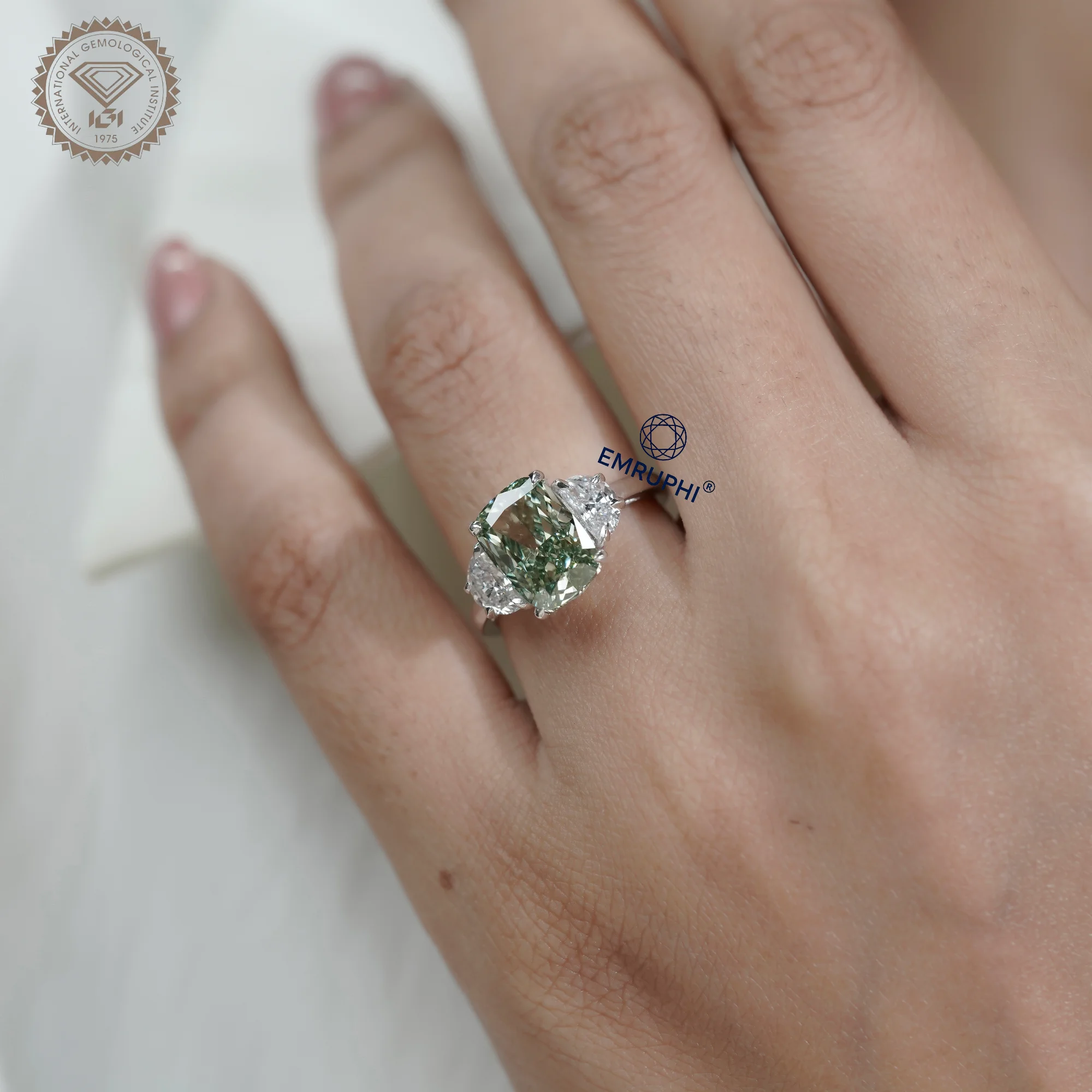 Vivid Green Cushion Diamond Three Stone Ring, 14K Gold Engagement Ring (IGI Certified) — view 12