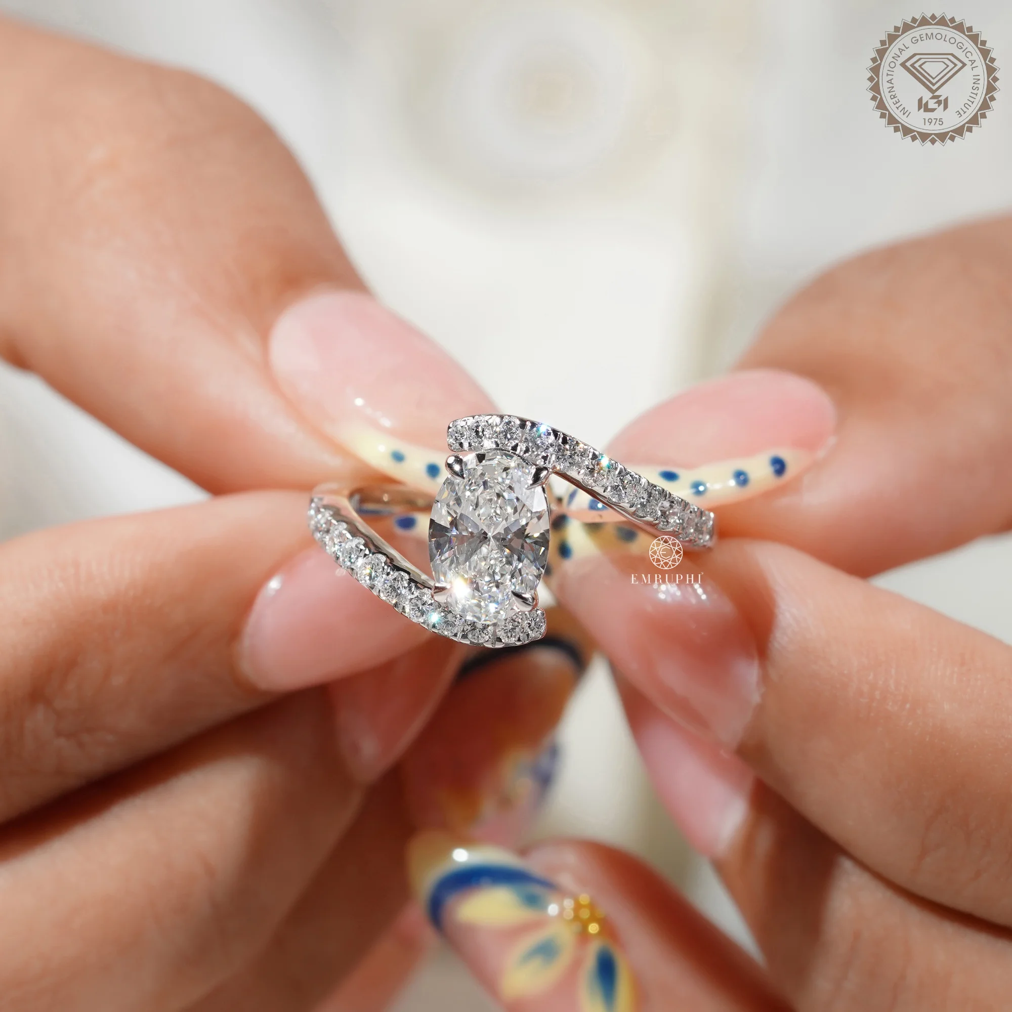 Oval Lab Grown Diamond Engagement Ring, Curved Diamond Band, Double Band Solitaire Ring — view 5