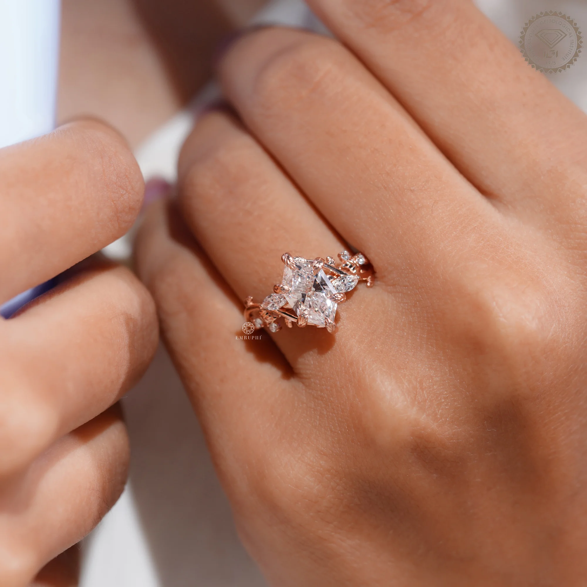 Dutch Marquise Lab Grown Nature Inspired Ring, 14K Rose Gold Wedding Ring, Leaf Diamond Ring — view 9