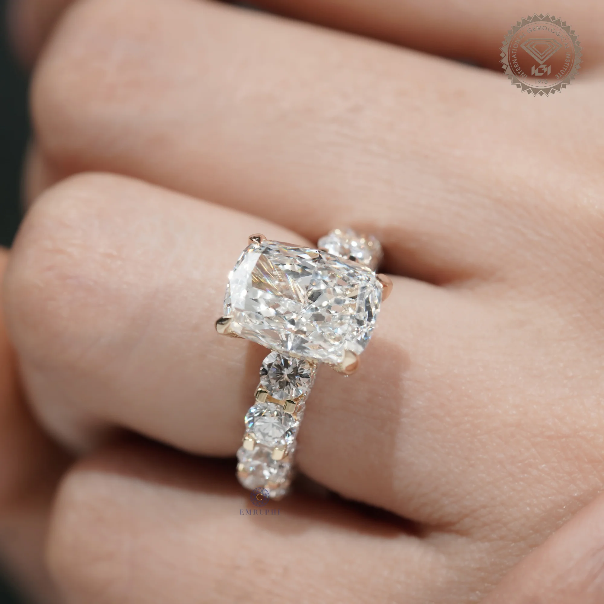 5 CT Cushion Cut Lab Grown Diamond Engagement Ring, Round Diamond Band Ring, 14K Gold Bridal Ring — view 8
