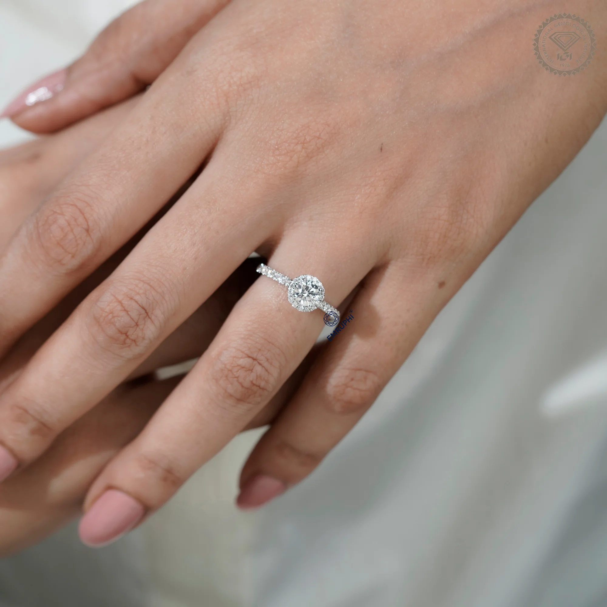 1.00 CT Round Halo Diamond Engagement Ring, Pave Band Halo Ring — view 14