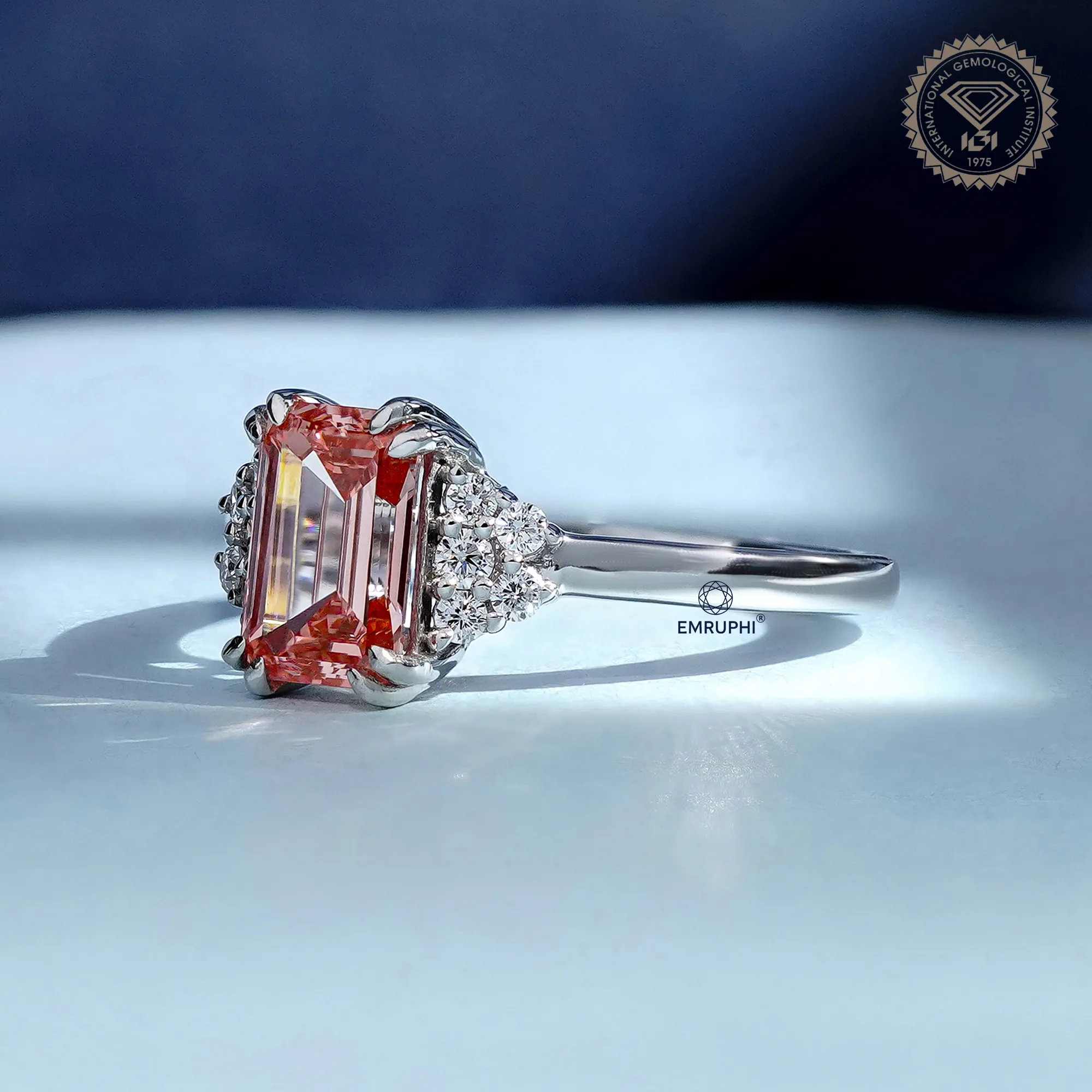 Emerald Cut Vivid Pink Lab-Grown Diamond Cluster Ring, Nature Inspired Ring, Emerald Cluster Ring, Emerald Wedding Ring in 18k Gold — view 2